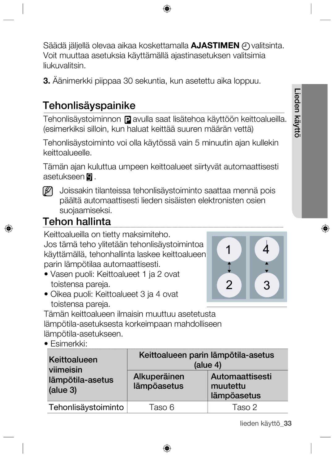 Samsung NZ64H37070K/EE manual Tehonlisäyspainike, Tehon hallinta 