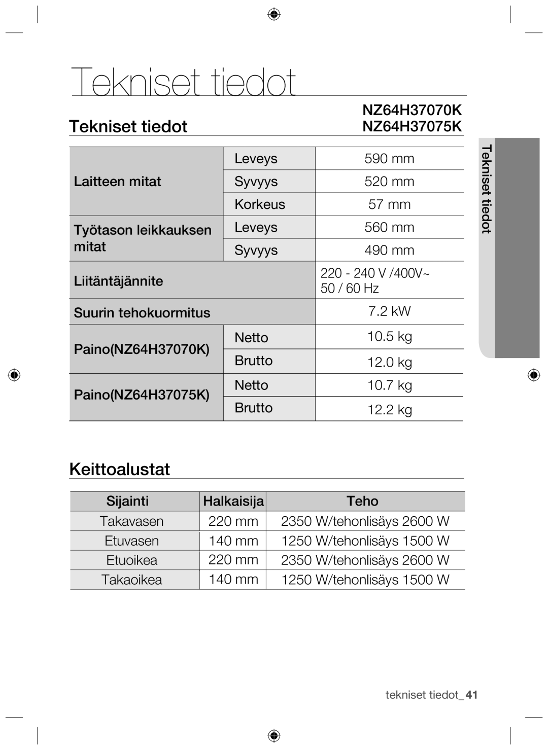 Samsung NZ64H37070K/EE manual Tekniset tiedot, Keittoalustat 