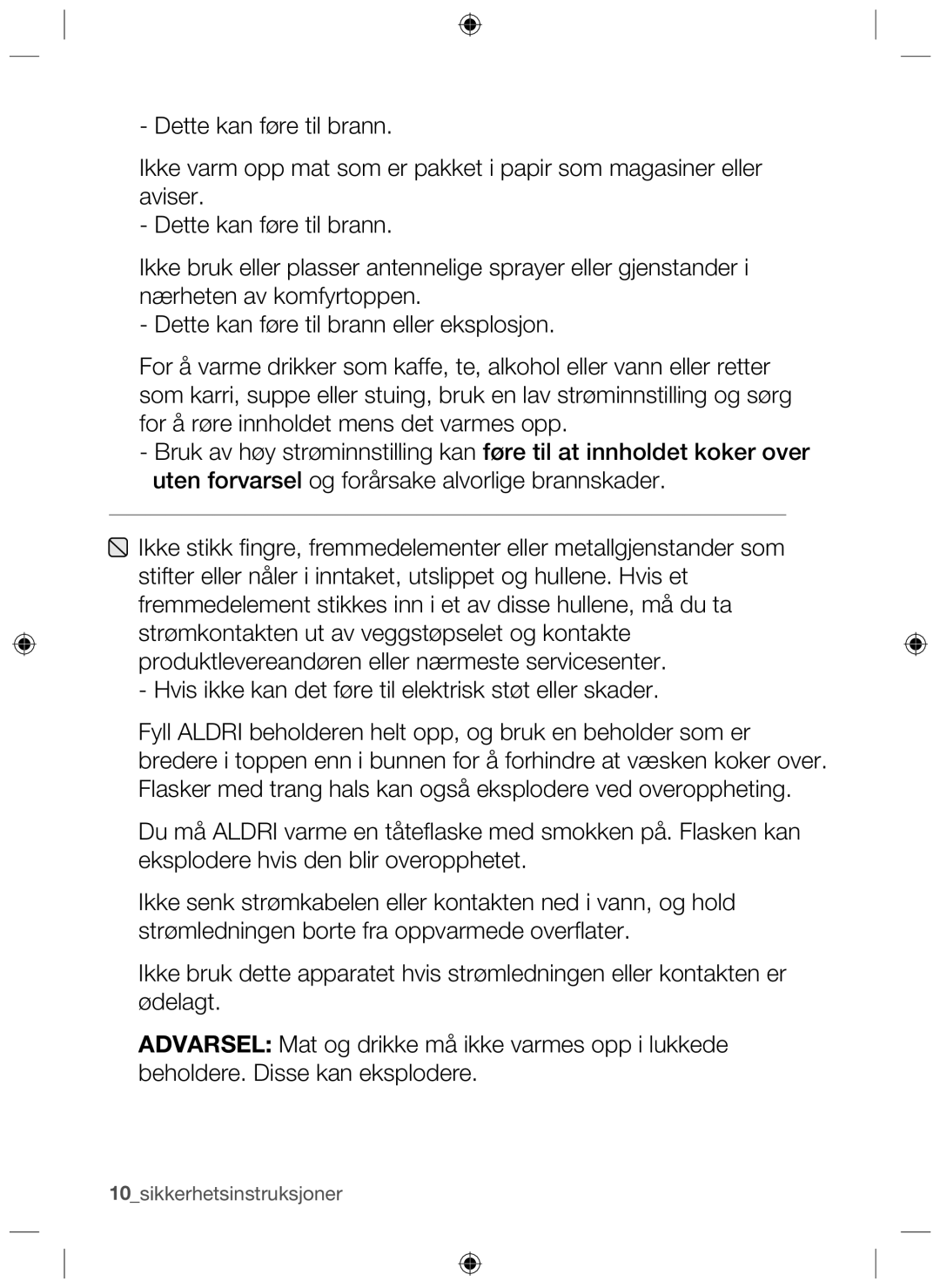 Samsung NZ64H37070K/EE manual 10sikkerhetsinstruksjoner 