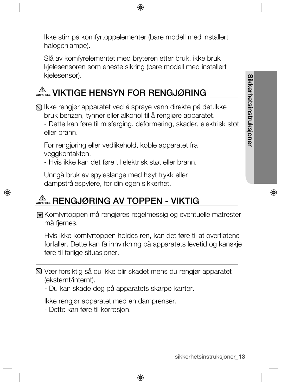 Samsung NZ64H37070K/EE manual Sikkerhetsinstruksjoner13 