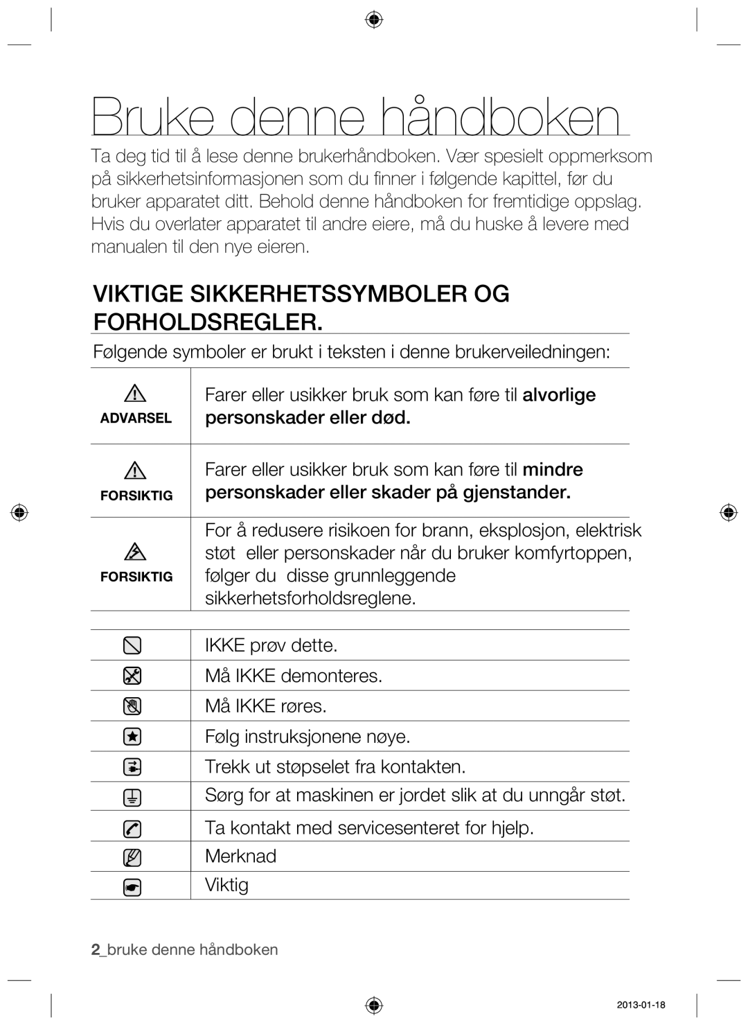 Samsung NZ64H37070K/EE manual Bruke denne håndboken, Viktige Sikkerhetssymboler OG Forholdsregler 