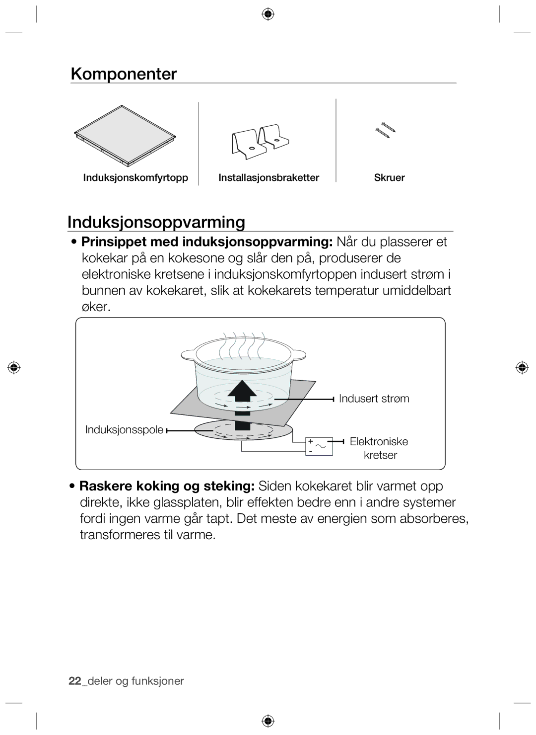 Samsung NZ64H37070K/EE manual Komponenter, Induksjonsoppvarming 