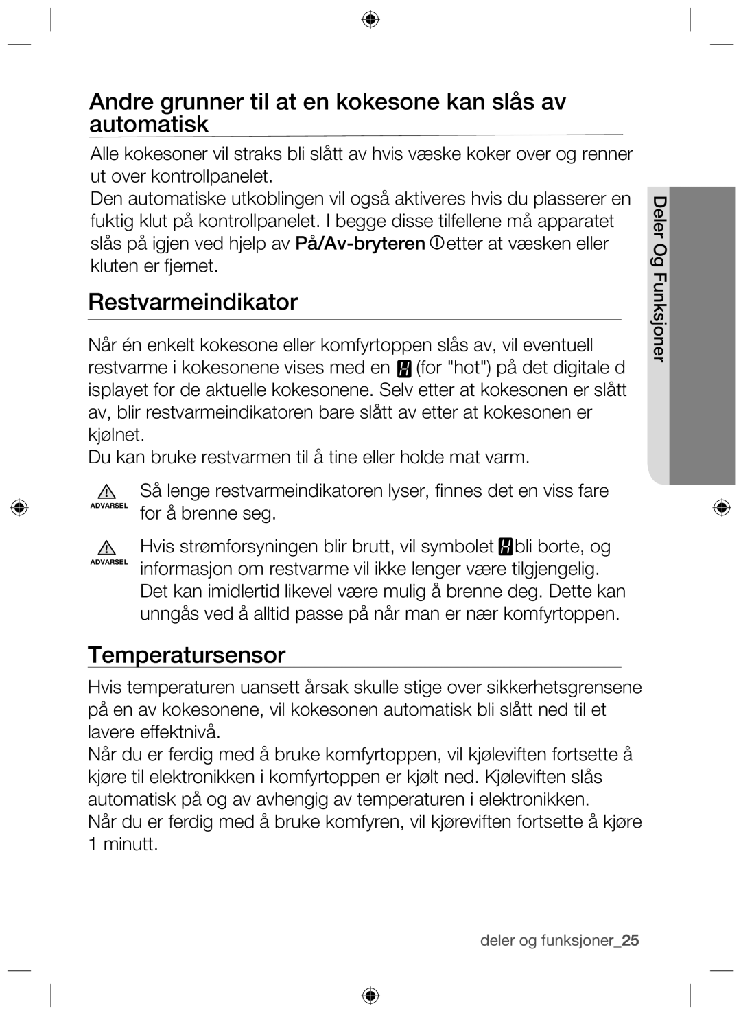 Samsung NZ64H37070K/EE manual Andre grunner til at en kokesone kan slås av automatisk, Restvarmeindikator, Temperatursensor 