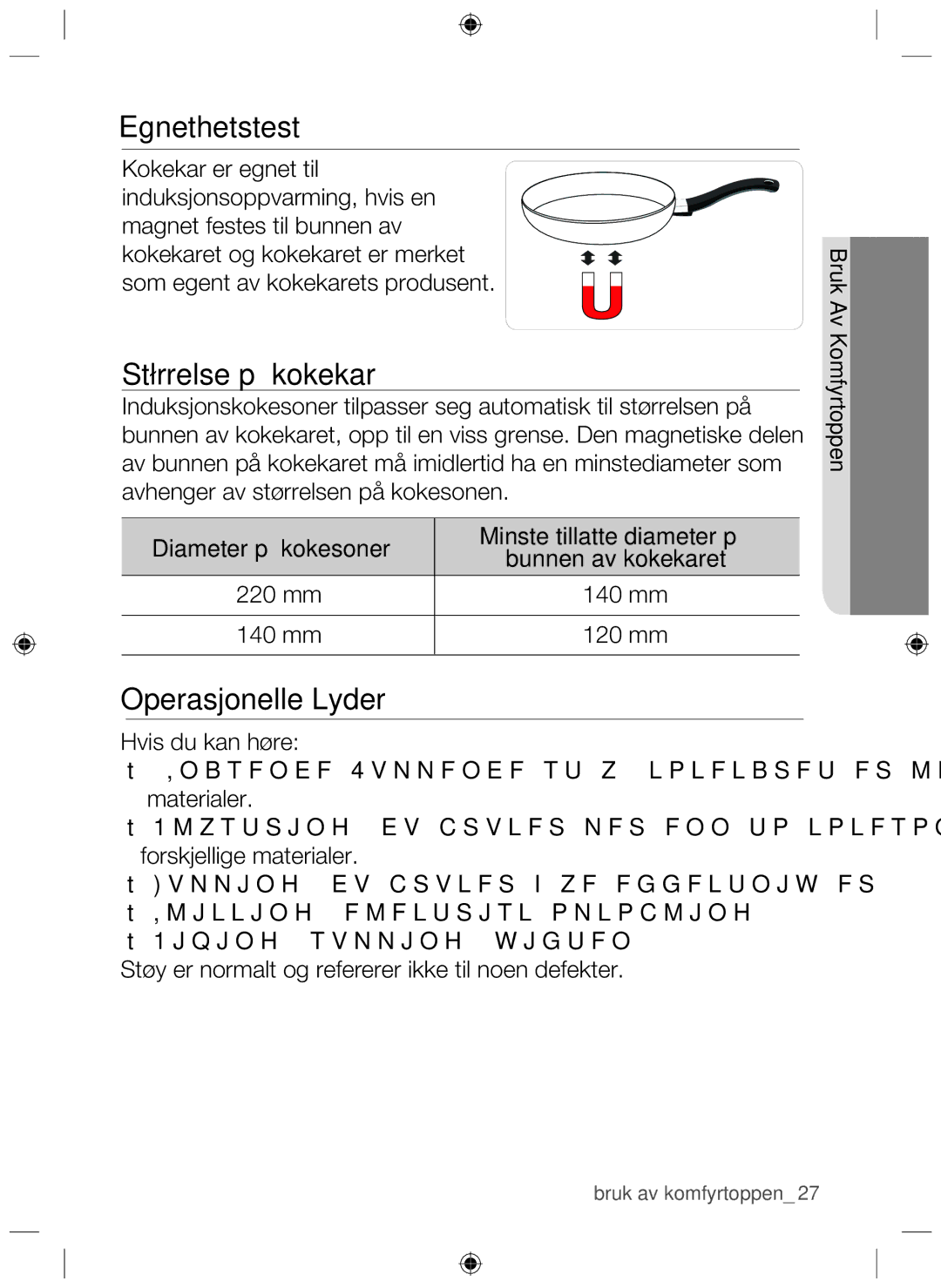 Samsung NZ64H37070K/EE manual Egnethetstest, Størrelse på kokekar, Operasjonelle Lyder 