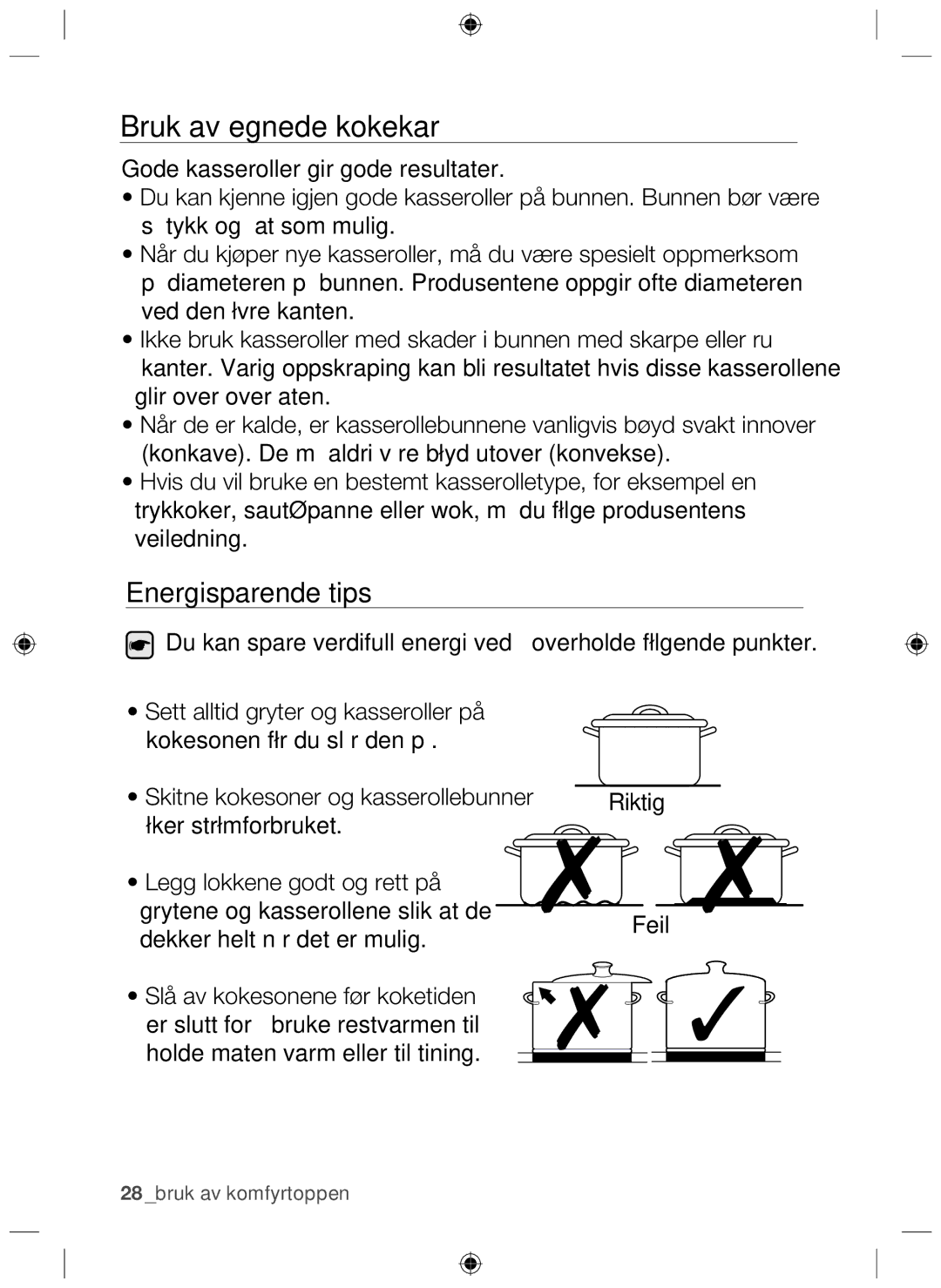 Samsung NZ64H37070K/EE manual Bruk av egnede kokekar, Energisparende tips 