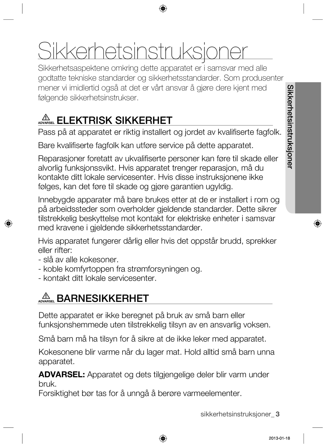 Samsung NZ64H37070K/EE manual Sikkerhetsinstruksjoner 