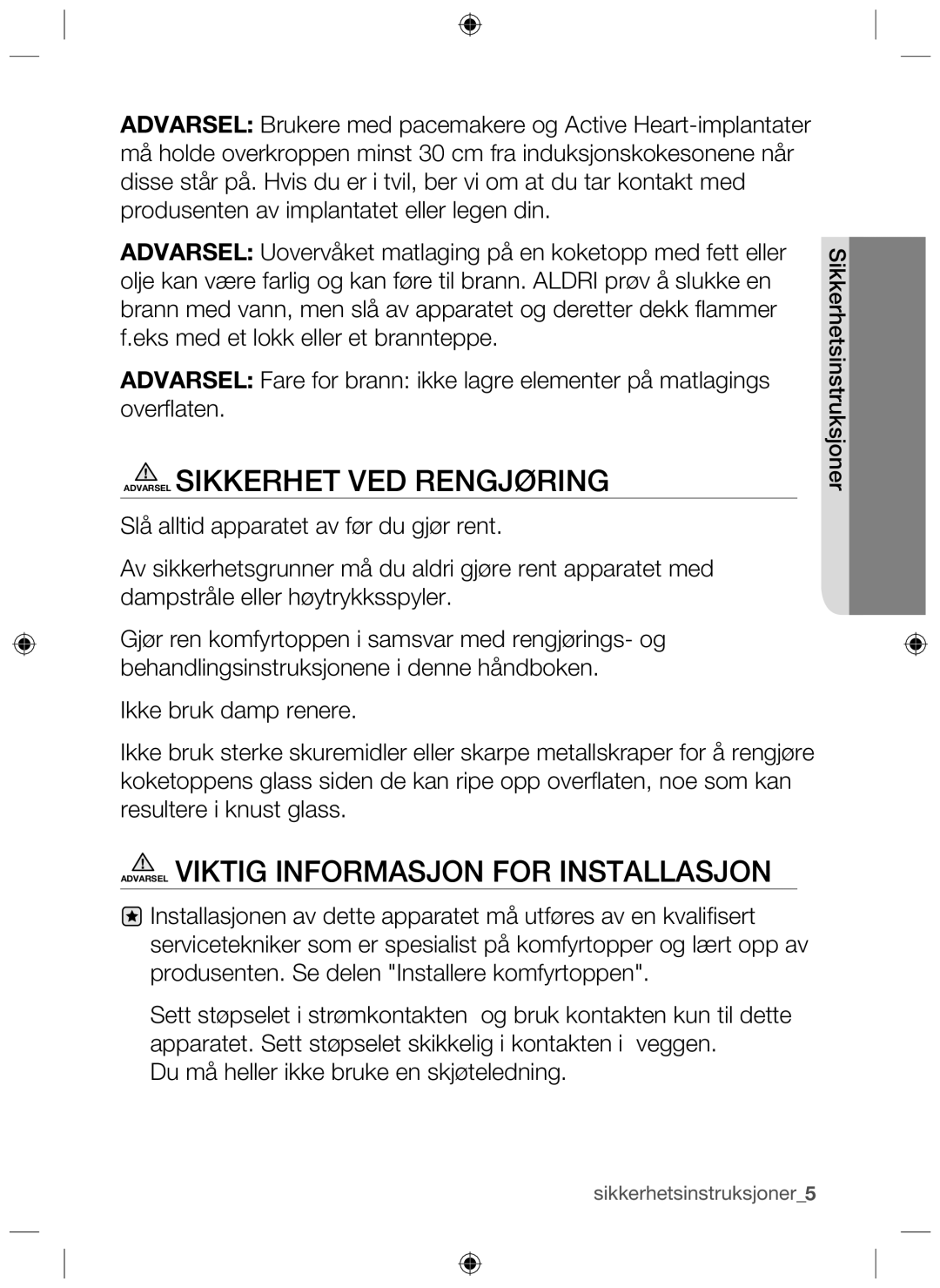 Samsung NZ64H37070K/EE manual Sikkerhetsinstruksjoner5 