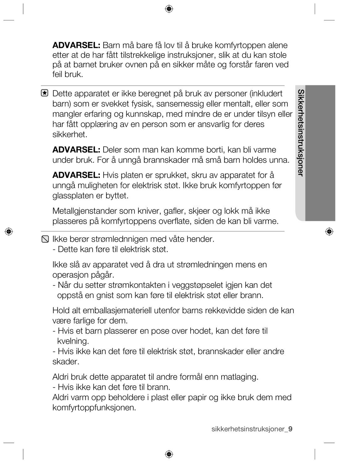 Samsung NZ64H37070K/EE manual Sikkerhetsinstruksjoner9 