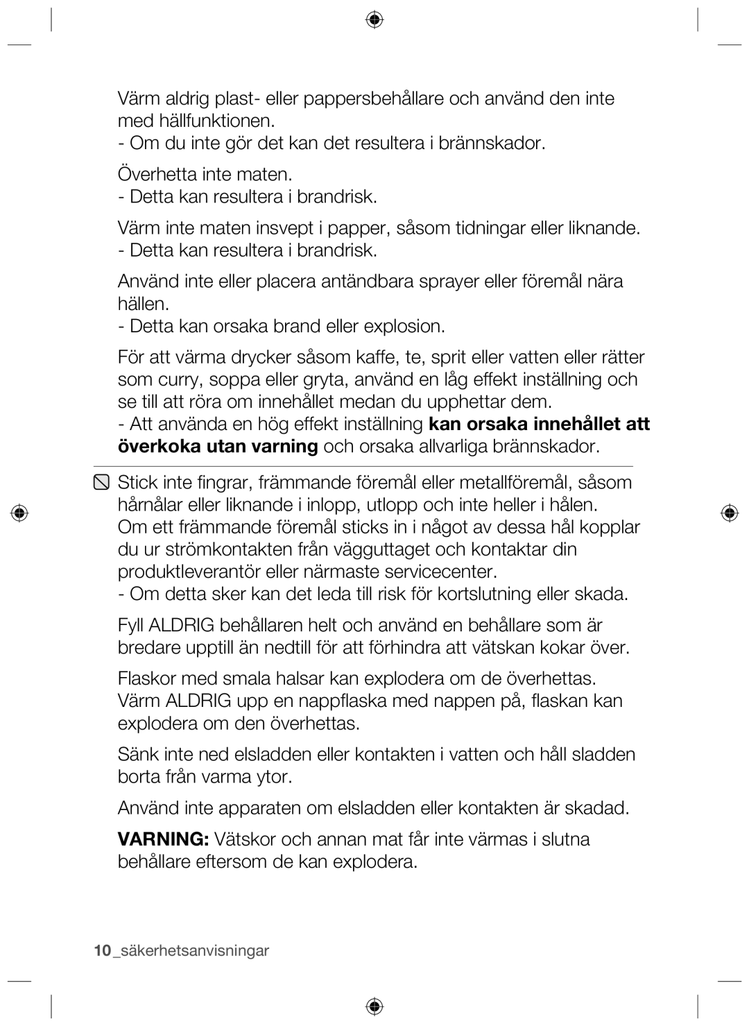 Samsung NZ64H37070K/EE manual 10 säkerhetsanvisningar 