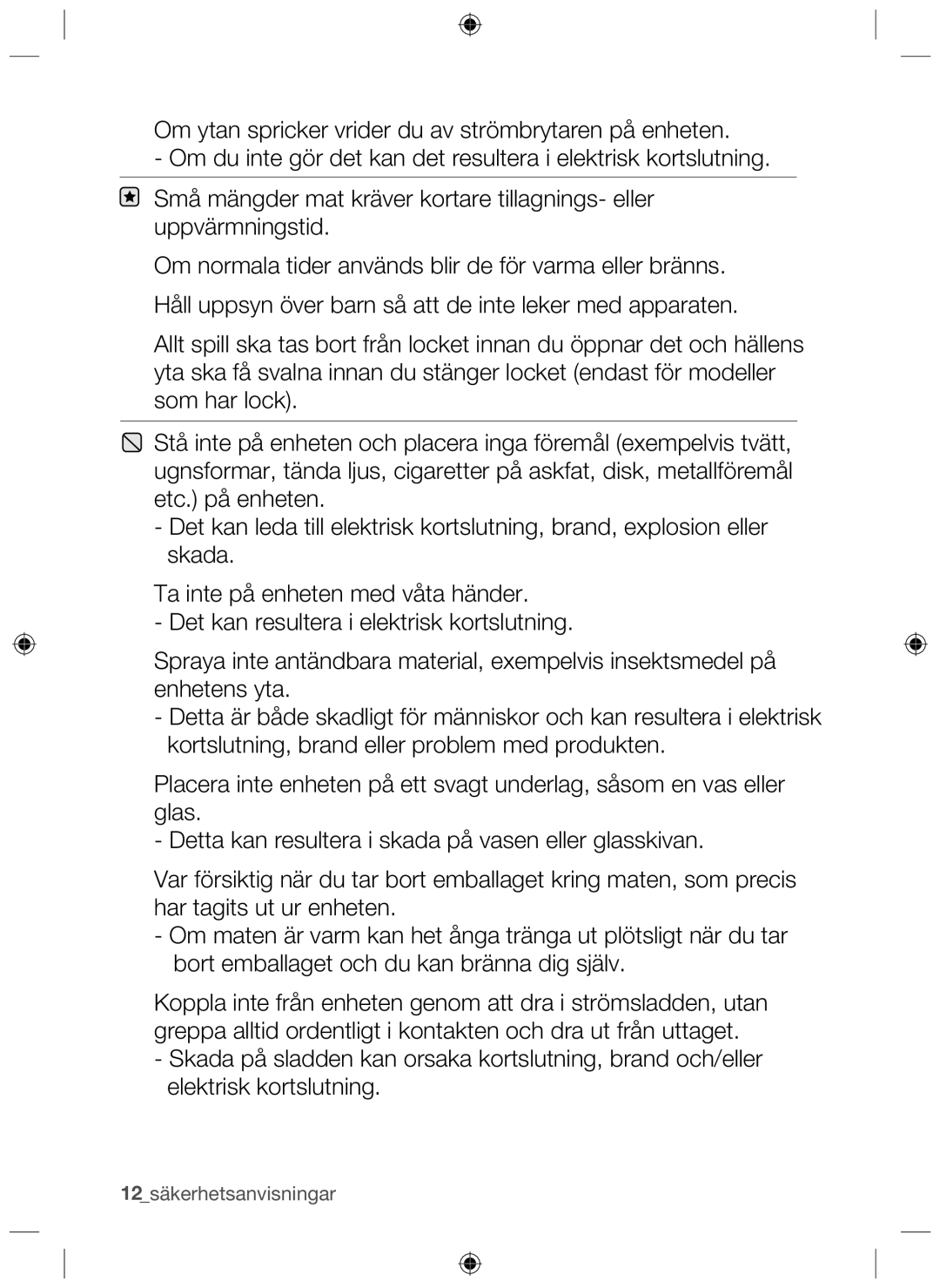 Samsung NZ64H37070K/EE manual 12säkerhetsanvisningar 