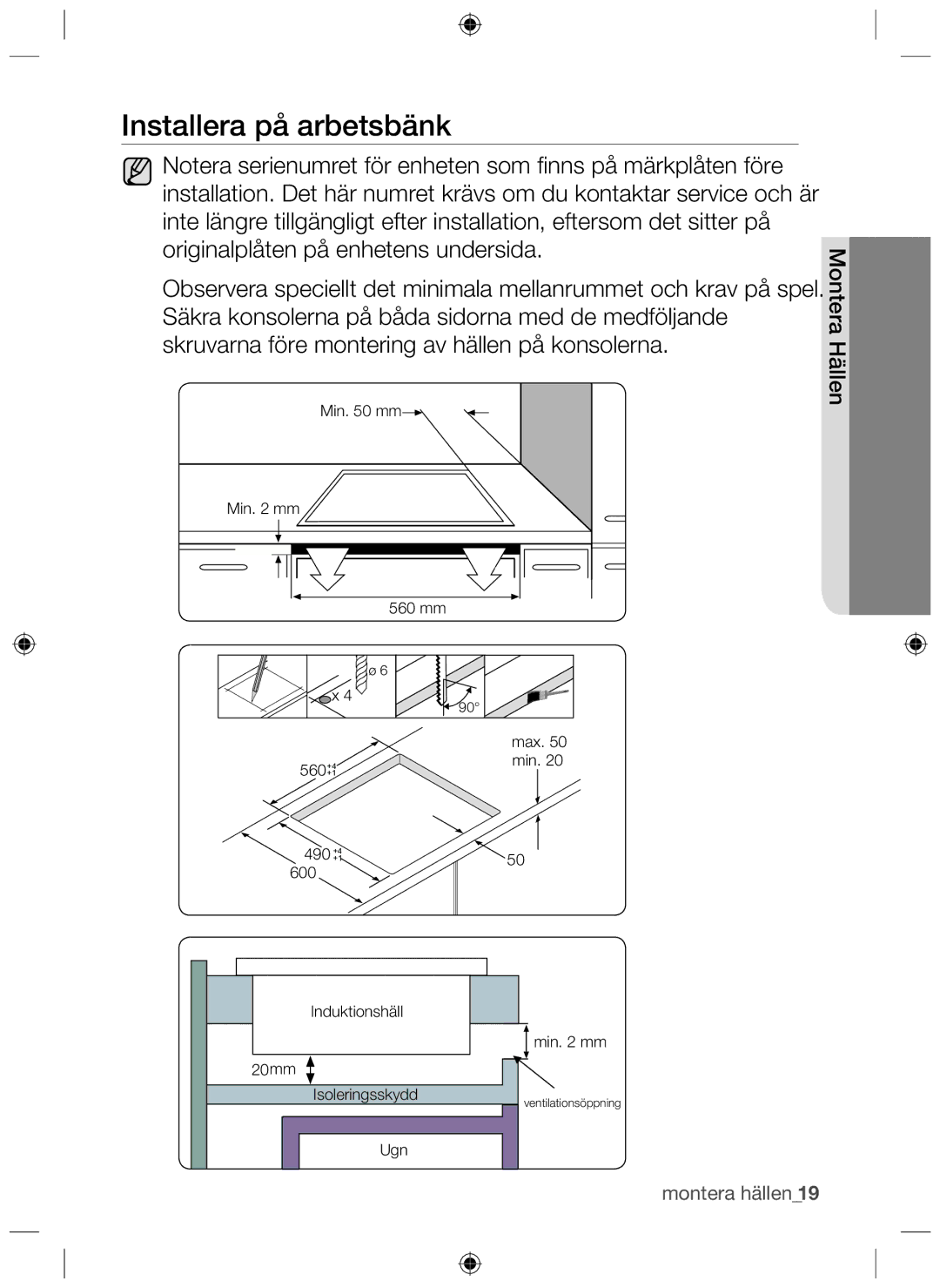 Samsung NZ64H37070K/EE manual Installera på arbetsbänk 