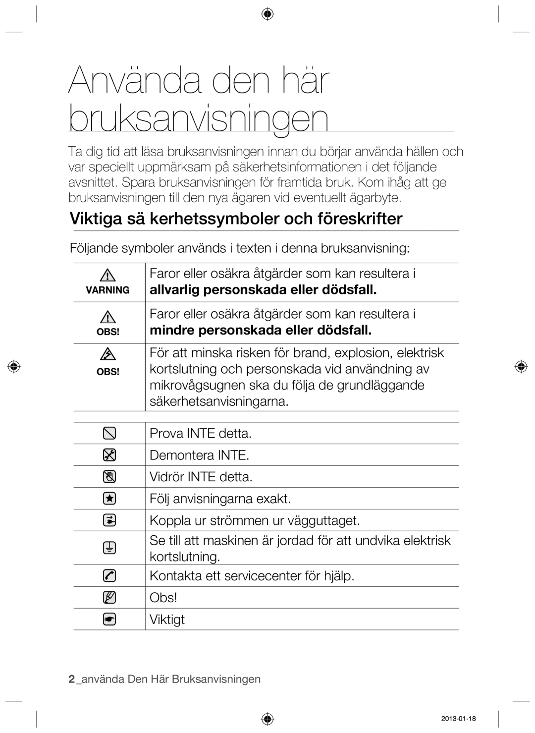 Samsung NZ64H37070K/EE manual Använda den här bruksanvisningen, Viktiga sä kerhetssymboler och föreskrifter 