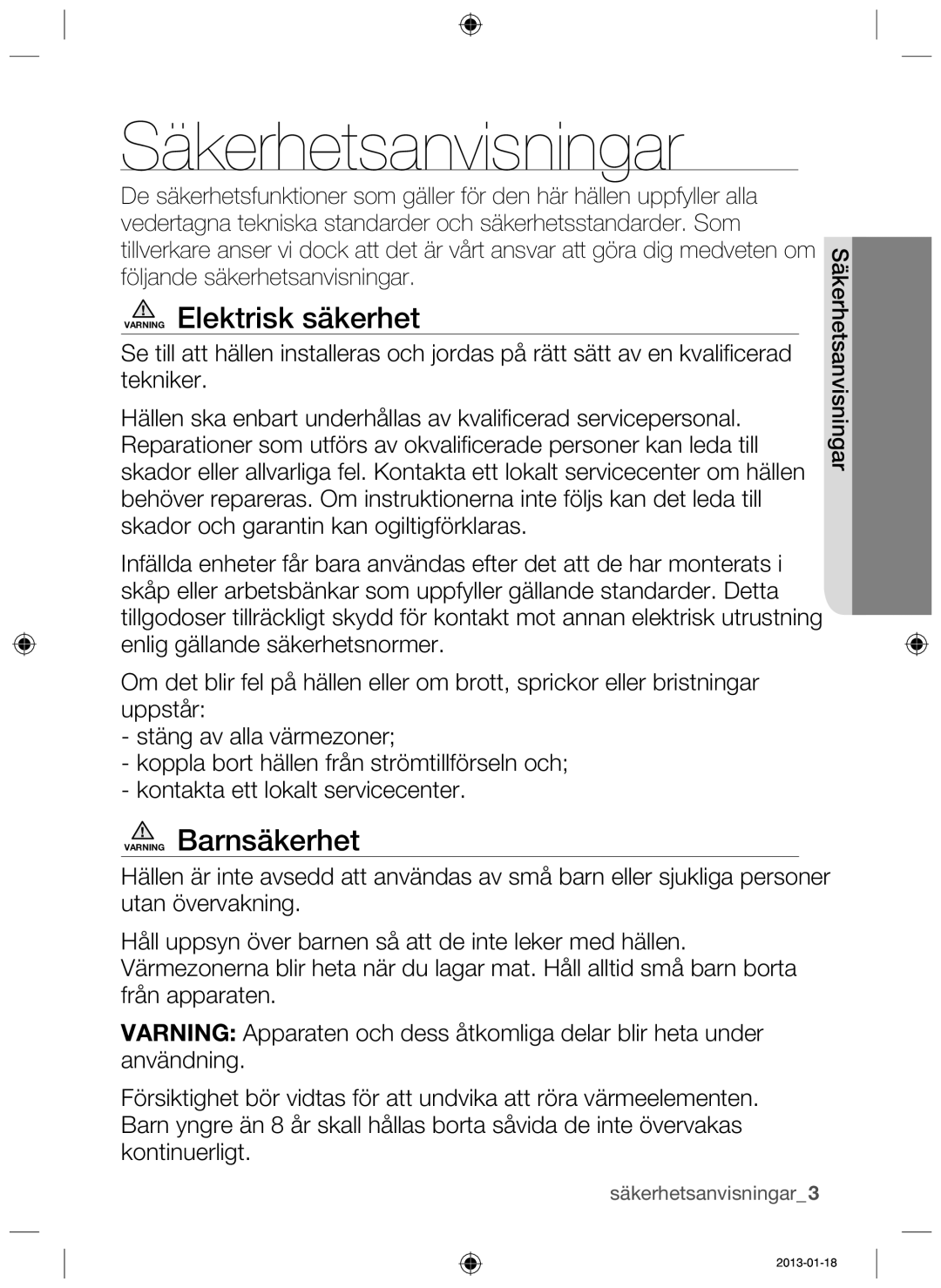 Samsung NZ64H37070K/EE manual Säkerhetsanvisningar, Varning Elektrisk säkerhet, Varning Barnsäkerhet 