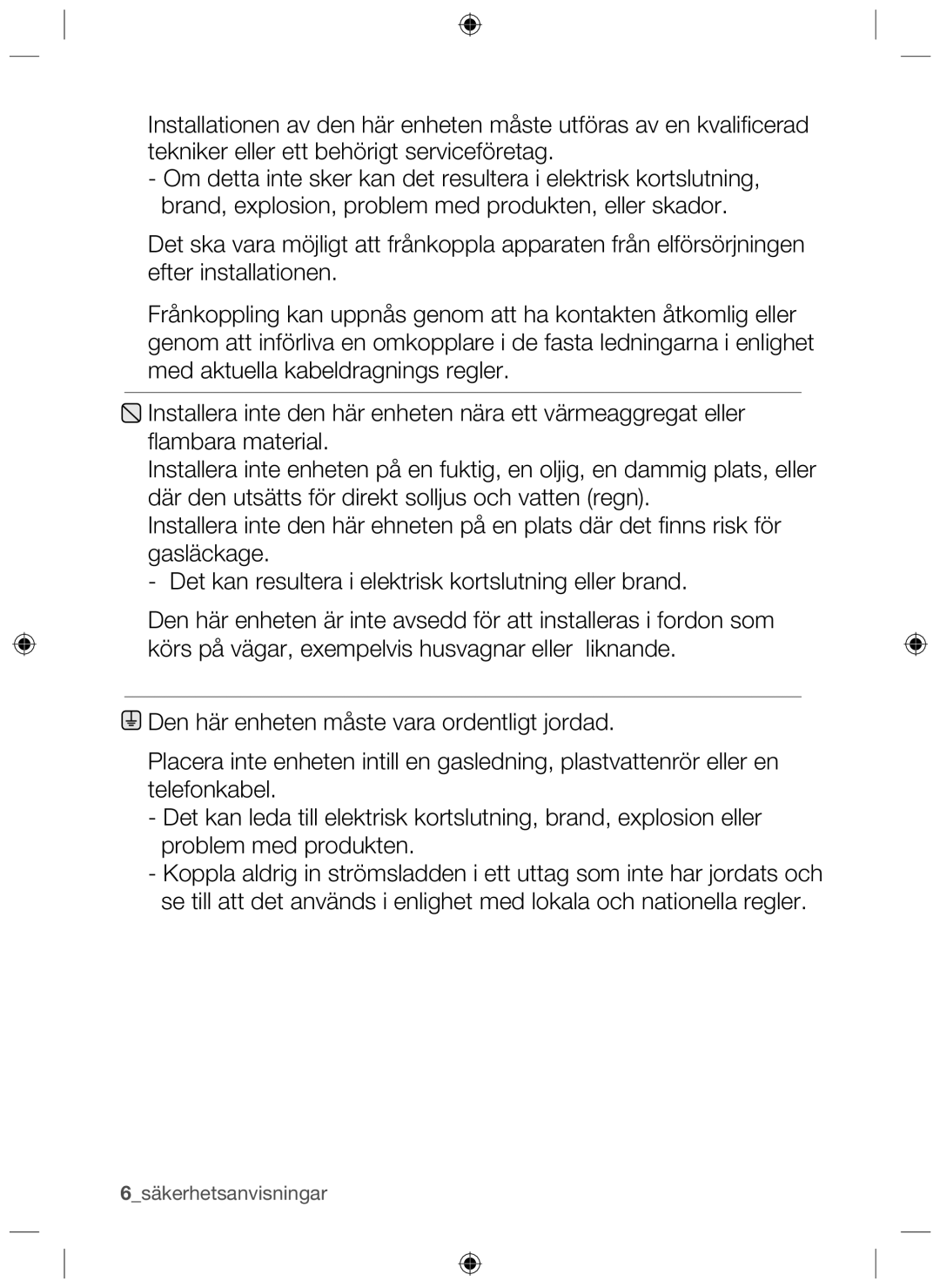 Samsung NZ64H37070K/EE manual 6säkerhetsanvisningar 