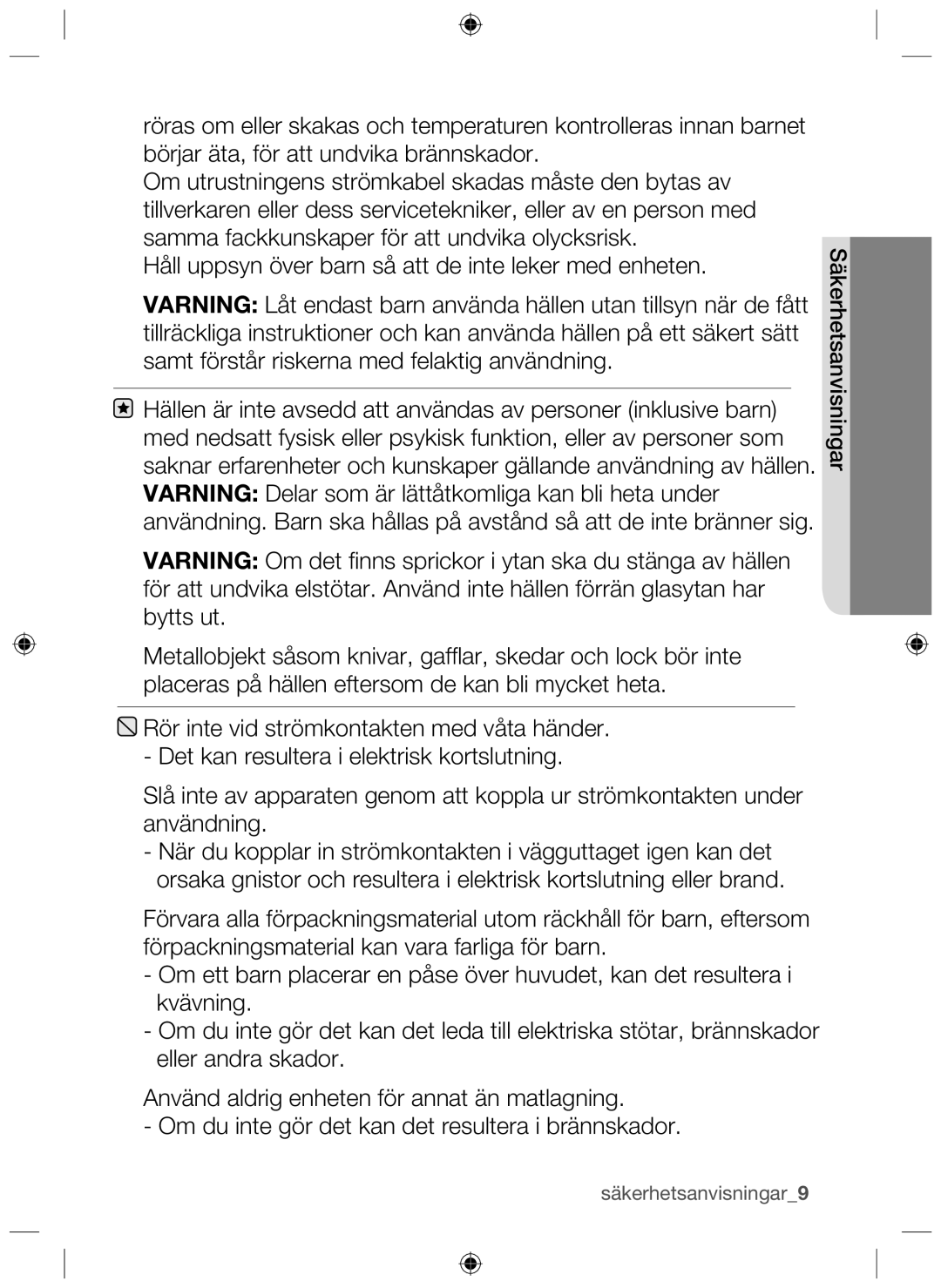 Samsung NZ64H37070K/EE manual Säkerhetsanvisningar9 