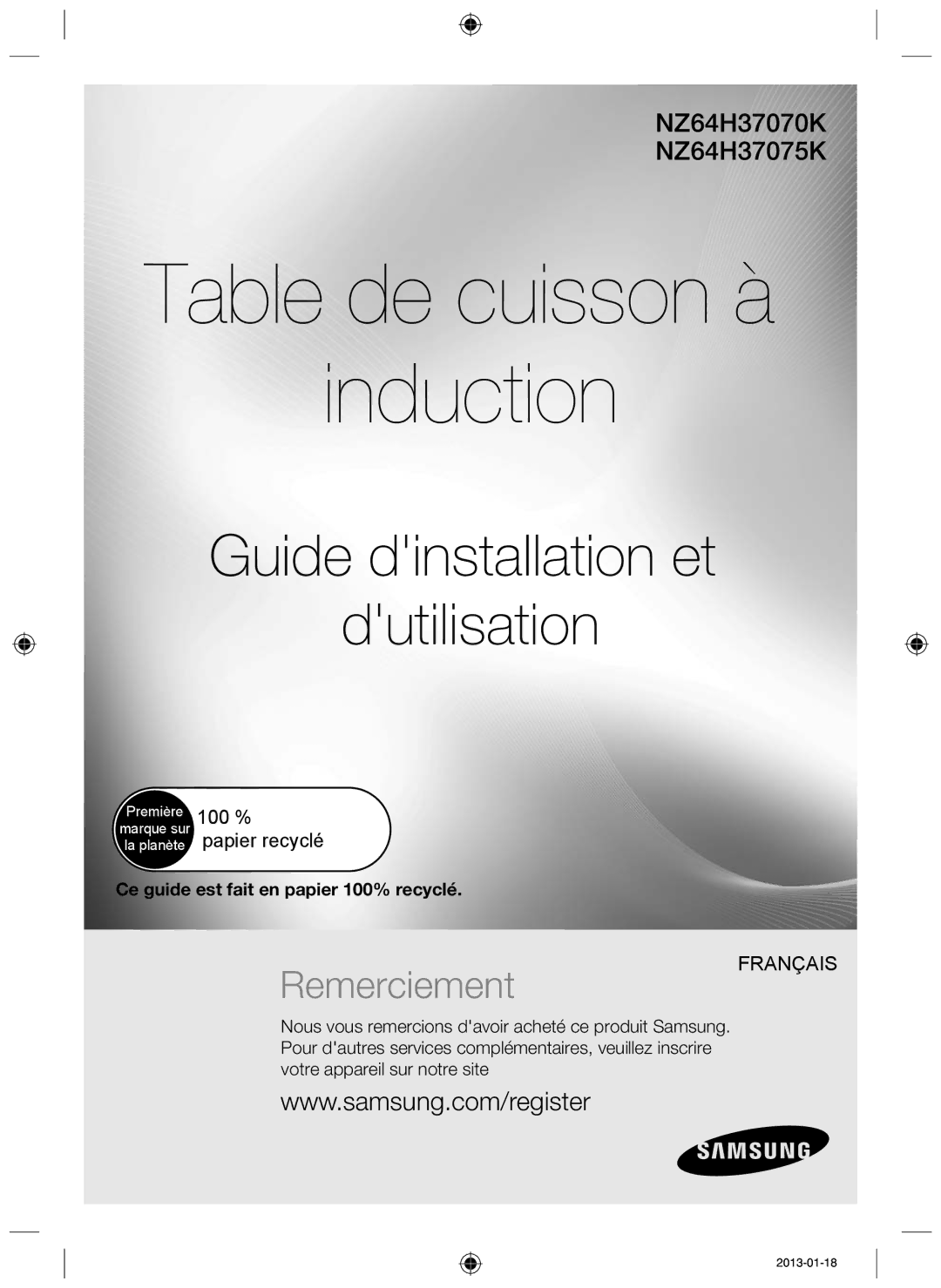 Samsung NZ64H37075K/EF, NZ64H37070K/EF manual Table de cuisson à induction 