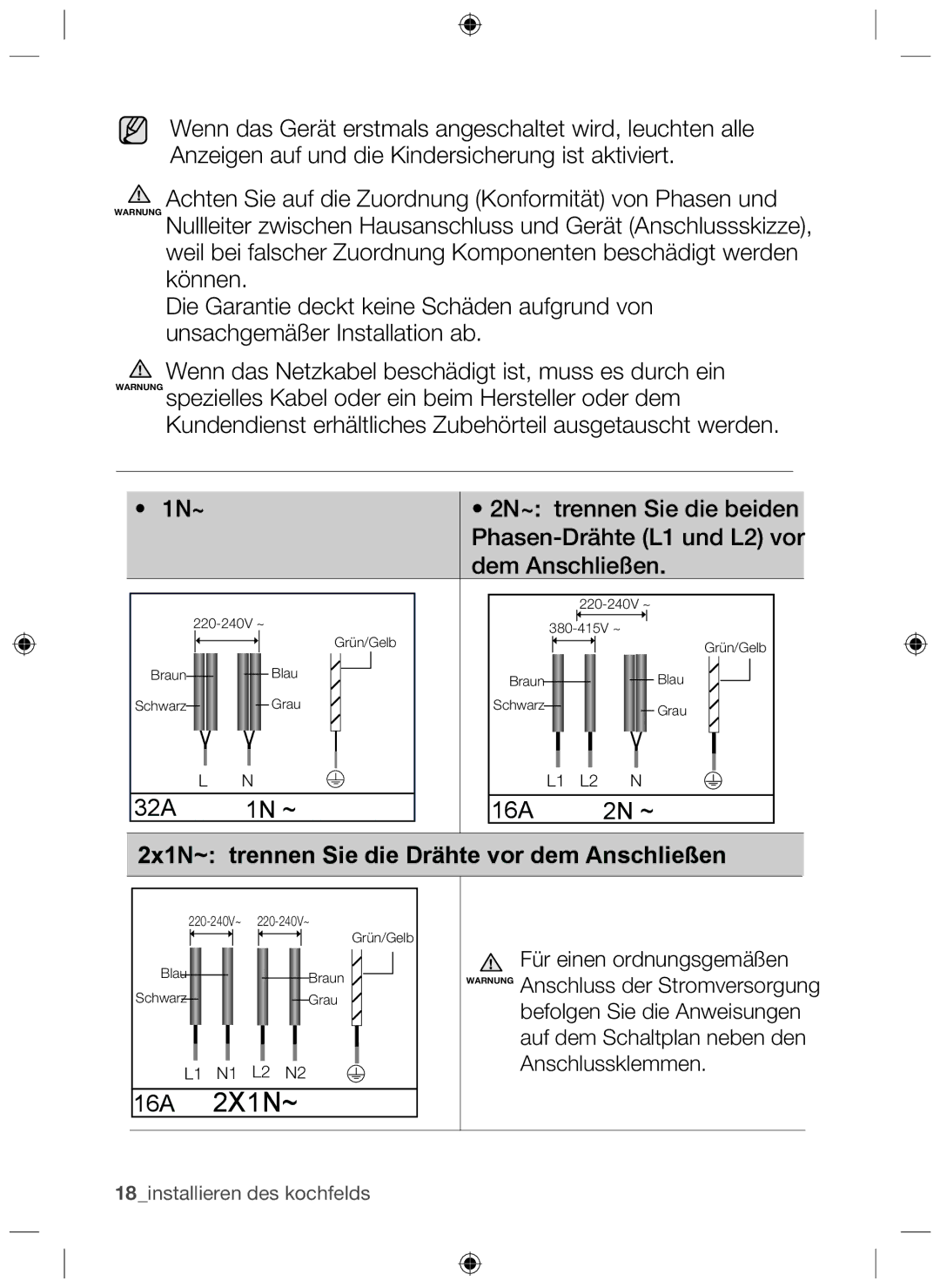 Samsung NZ64H37070K/EF, NZ64H37075K/EF manual 2x1N~ trennen Sie die Drähte vor dem Anschließen 