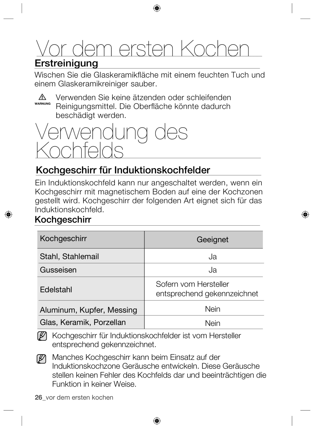 Samsung NZ64H37070K/EF, NZ64H37075K/EF manual Vor dem ersten Kochen, Verwendung des Kochfelds, Erstreinigung 