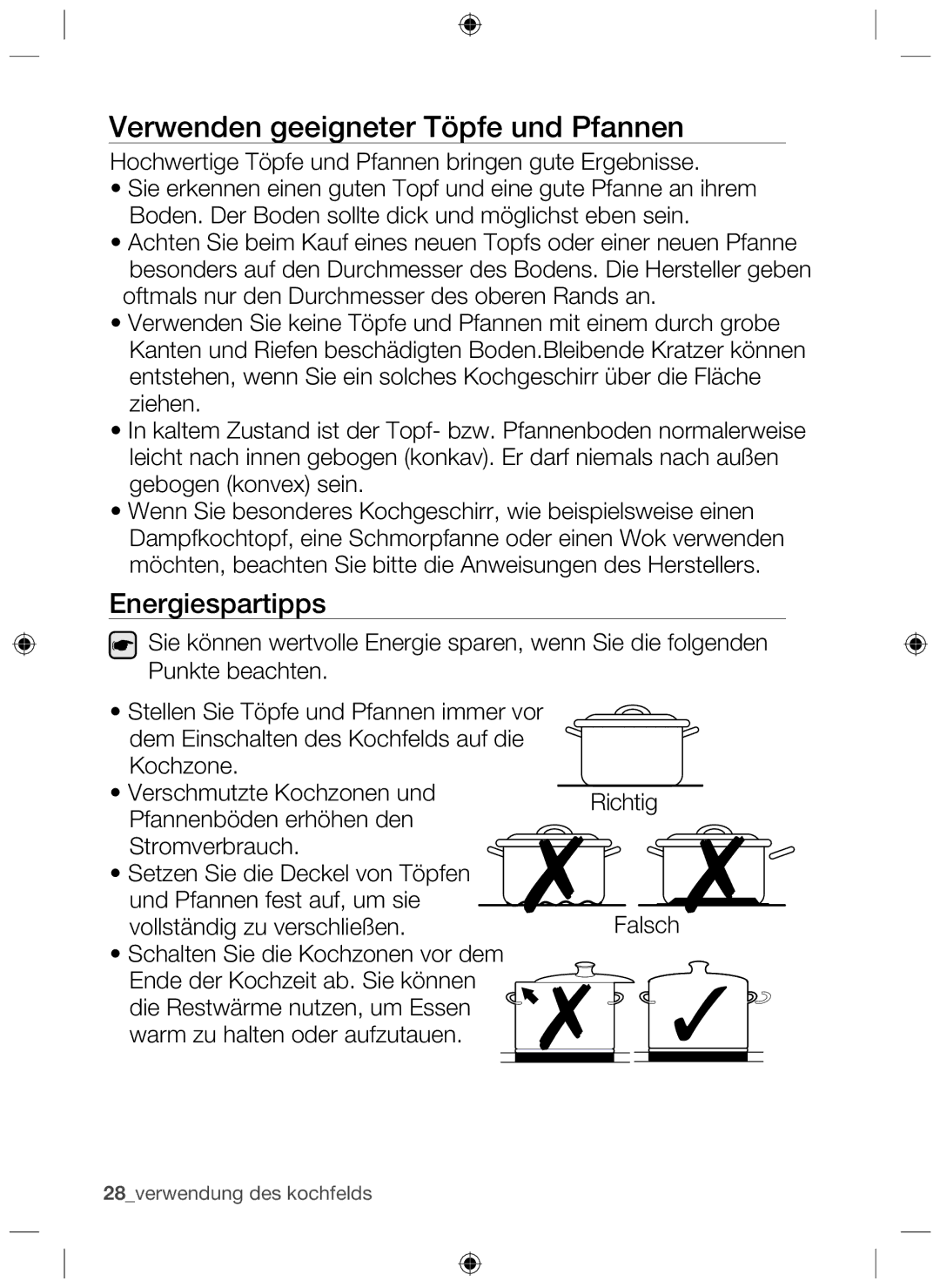 Samsung NZ64H37070K/EF, NZ64H37075K/EF manual Verwenden geeigneter Töpfe und Pfannen, Energiespartipps 