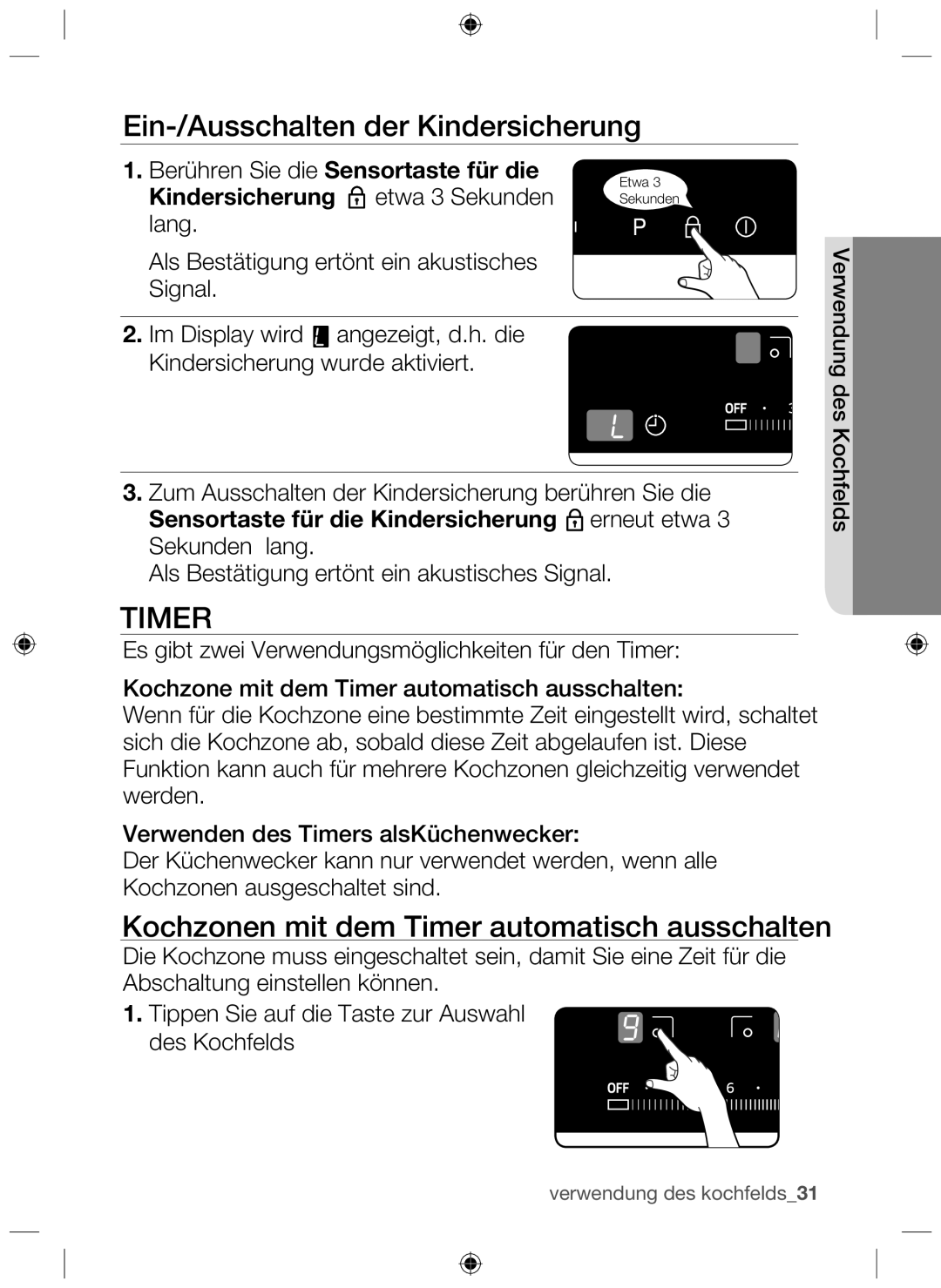 Samsung NZ64H37075K/EF manual Ein-/Ausschalten der Kindersicherung, Kochzonen mit dem Timer automatisch ausschalten 