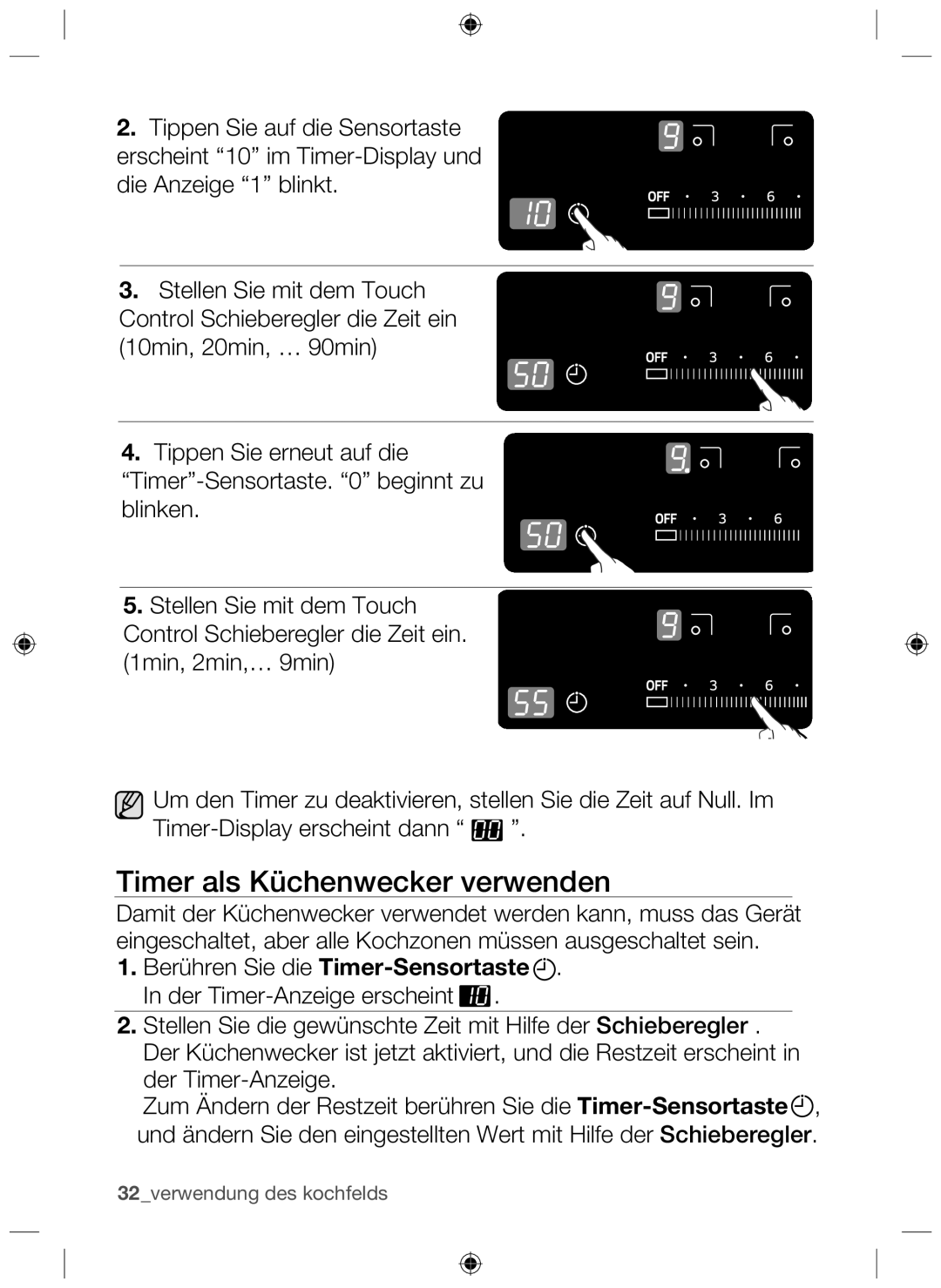 Samsung NZ64H37070K/EF, NZ64H37075K/EF manual Timer als Küchenwecker verwenden 