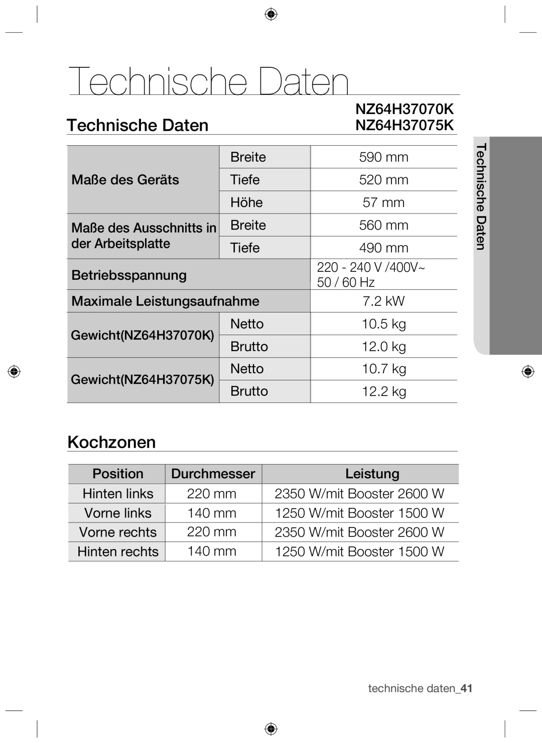 Samsung NZ64H37075K/EF, NZ64H37070K/EF manual Technische Daten 