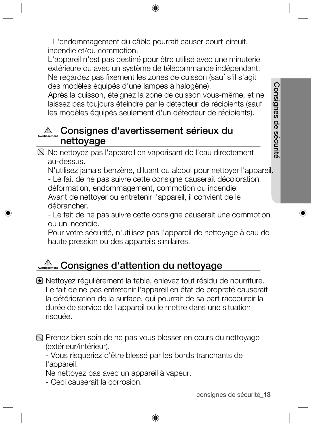 Samsung NZ64H37075K/EF manual Consignes davertissement sérieux du, Avertissement Consignes dattention du nettoyage 