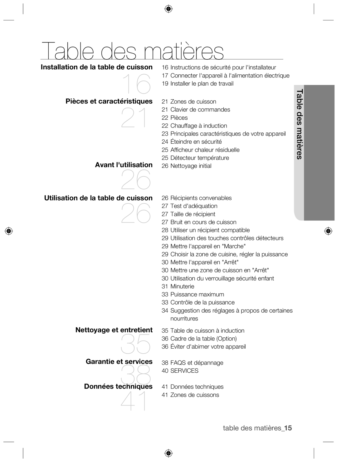 Samsung NZ64H37075K/EF, NZ64H37070K/EF manual Table des matières, Installation de la table de cuisson 