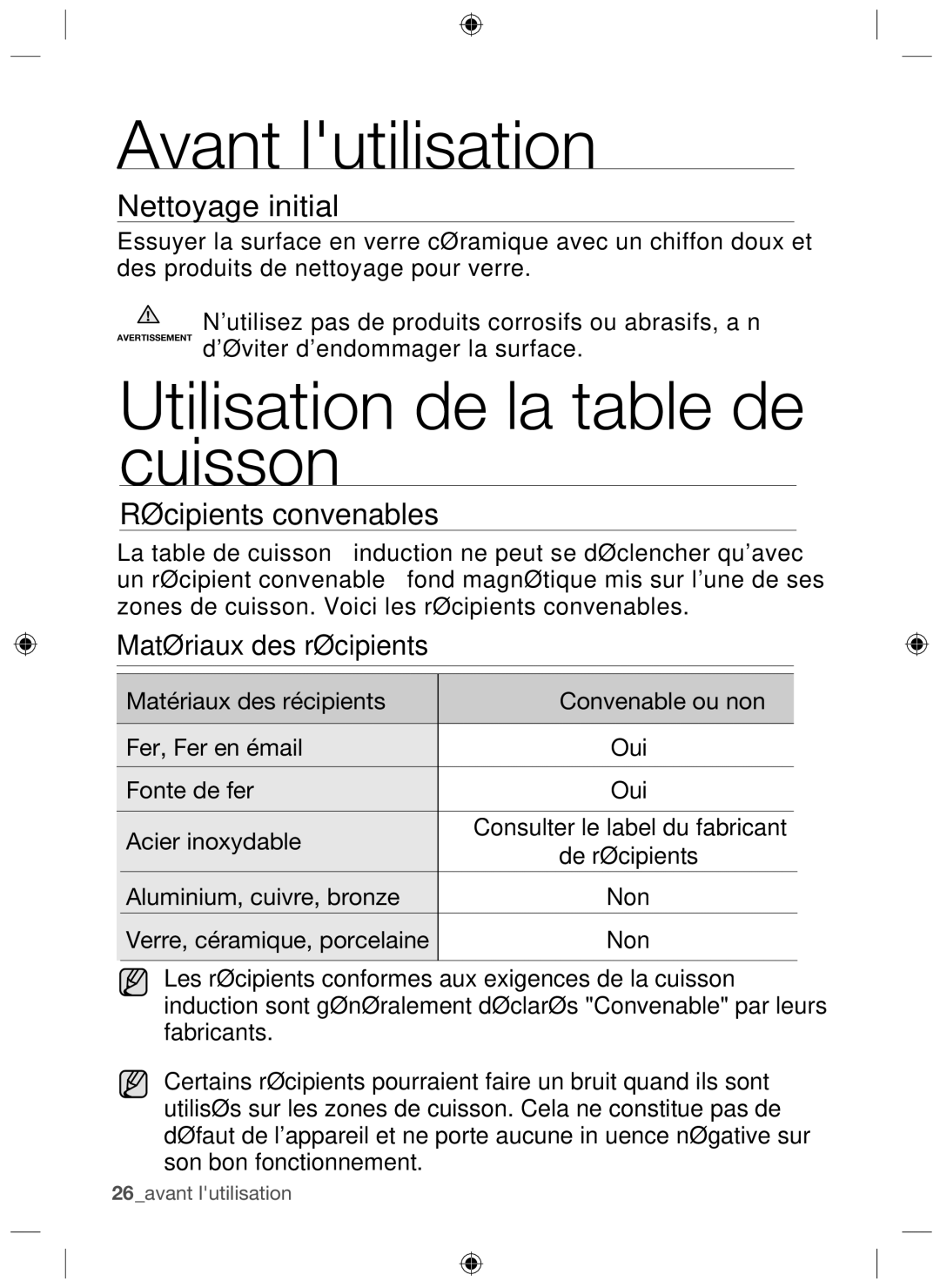 Samsung NZ64H37070K/EF Avant lutilisation, Utilisation de la table de cuisson, Nettoyage initial, Récipients convenables 