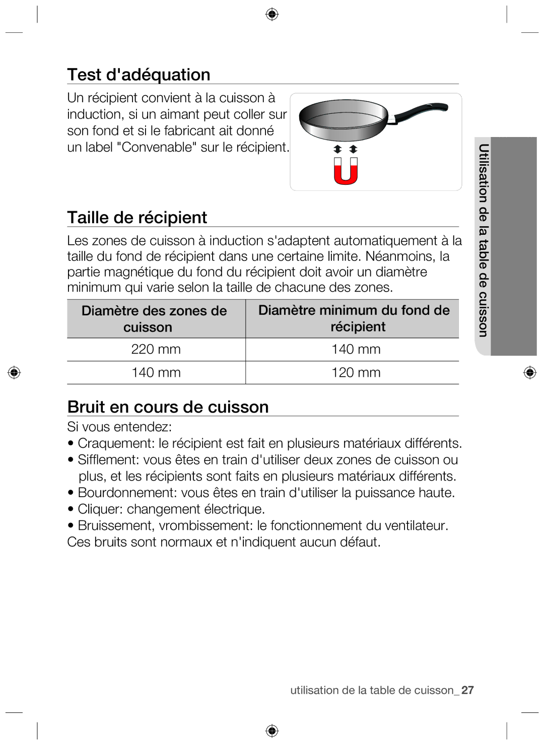 Samsung NZ64H37075K/EF, NZ64H37070K/EF manual Test dadéquation, Taille de récipient, Bruit en cours de cuisson 