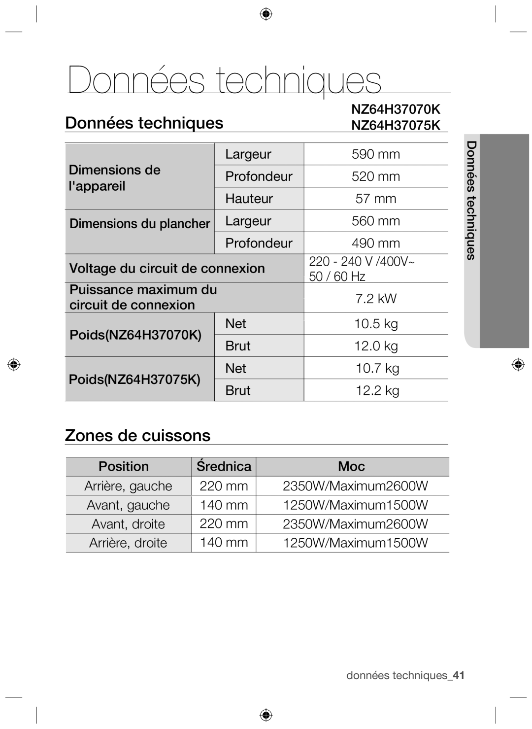 Samsung NZ64H37075K/EF, NZ64H37070K/EF manual Données techniques, Zones de cuissons 