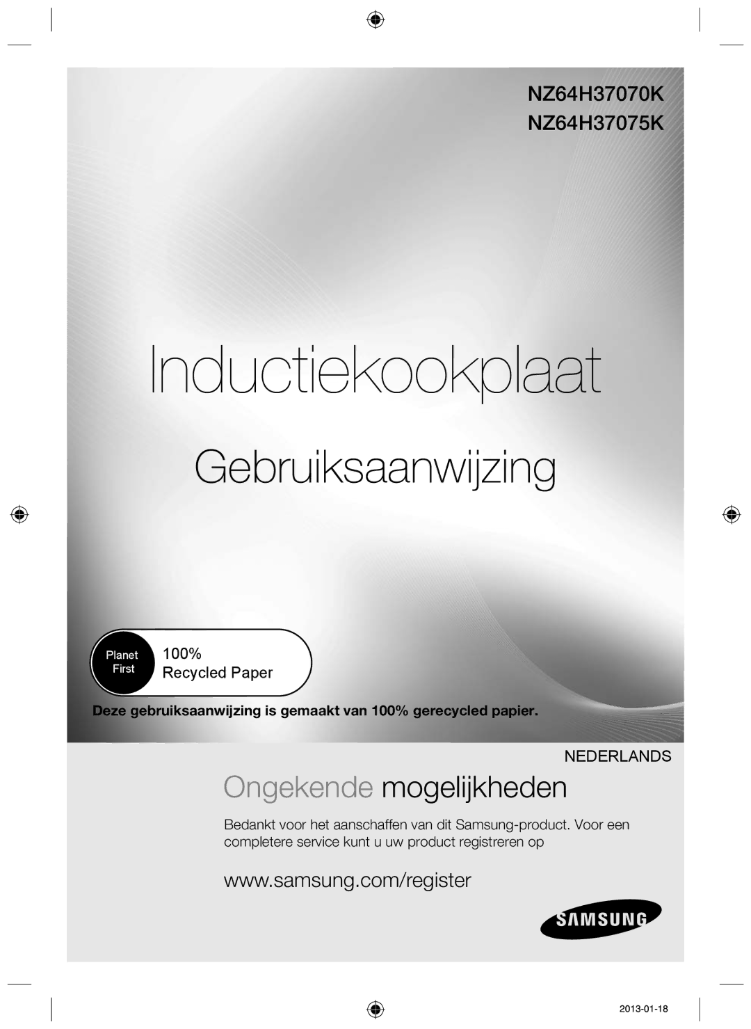 Samsung NZ64H37075K/EF, NZ64H37070K/EF manual Inductiekookplaat 