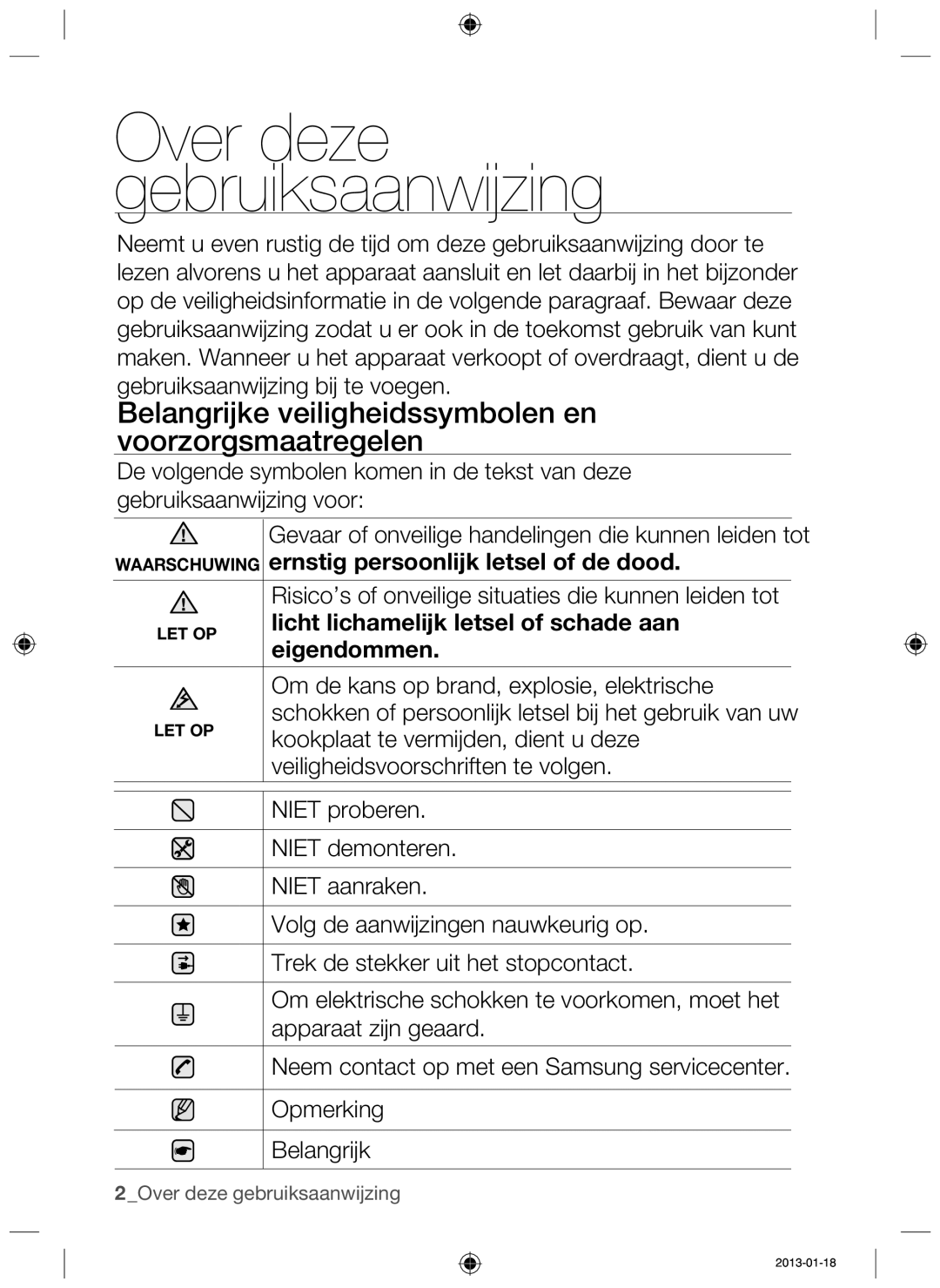 Samsung NZ64H37070K/EF Belangrijke veiligheidssymbolen en voorzorgsmaatregelen, Ernstig persoonlijk letsel of de dood 