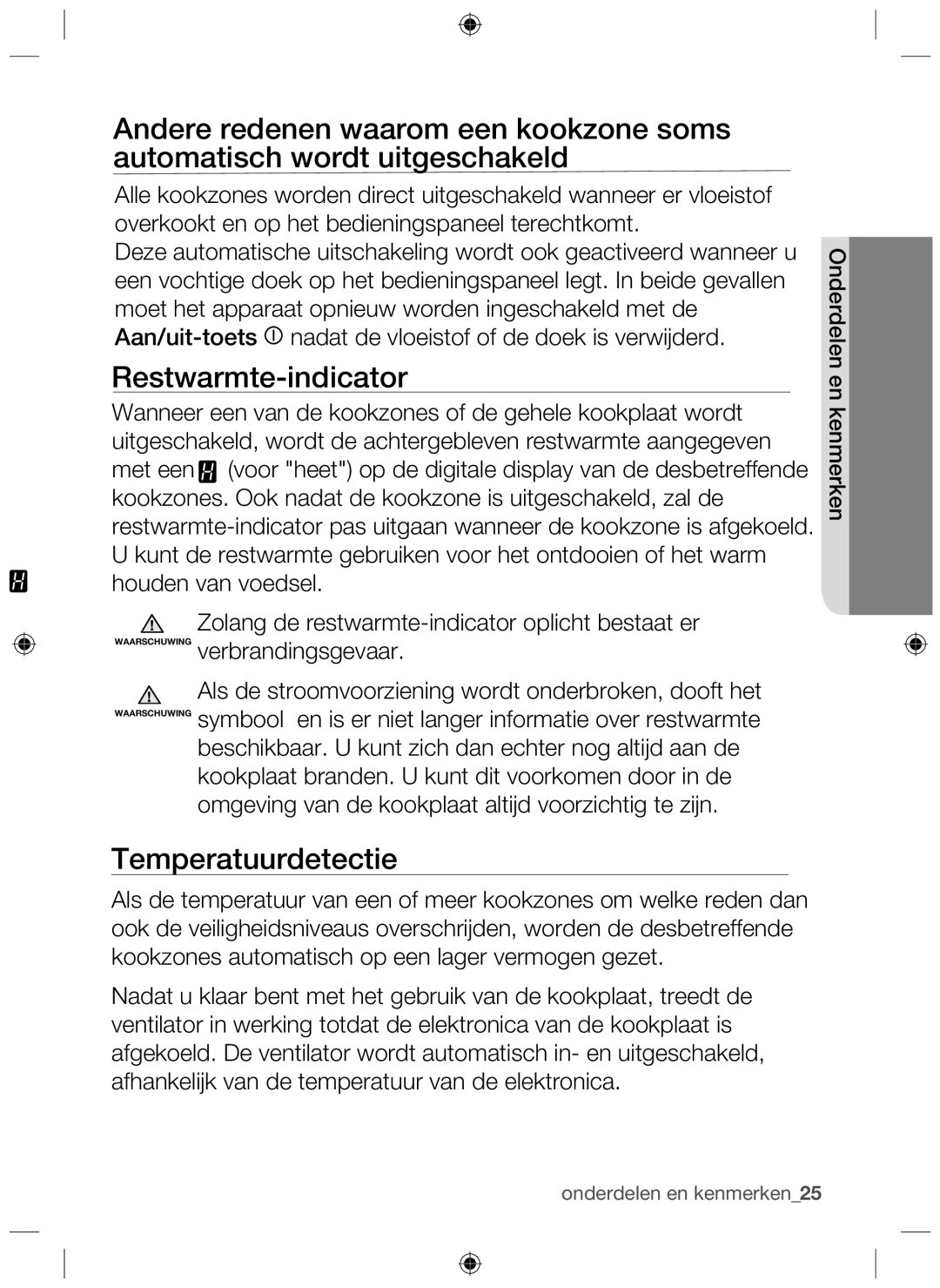 Samsung NZ64H37075K/EF, NZ64H37070K/EF manual Restwarmte-indicator, Temperatuurdetectie 