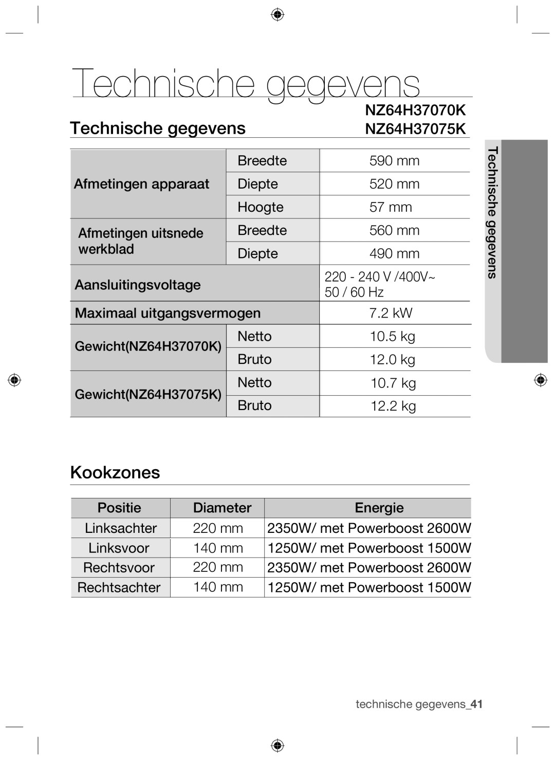 Samsung NZ64H37075K/EF, NZ64H37070K/EF manual Technische gegevens 