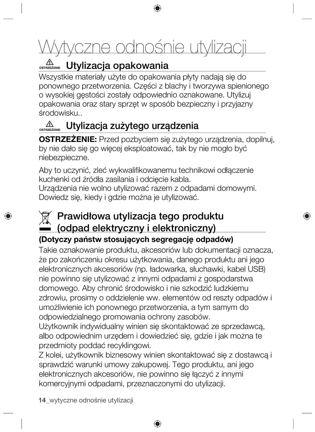 Samsung NZ64H37070K/EO, NZ64H37075K/EO manual Ostrzeżenie Utylizacja opakowania, Ostrzeżenie Utylizacja zużytego urządzenia 