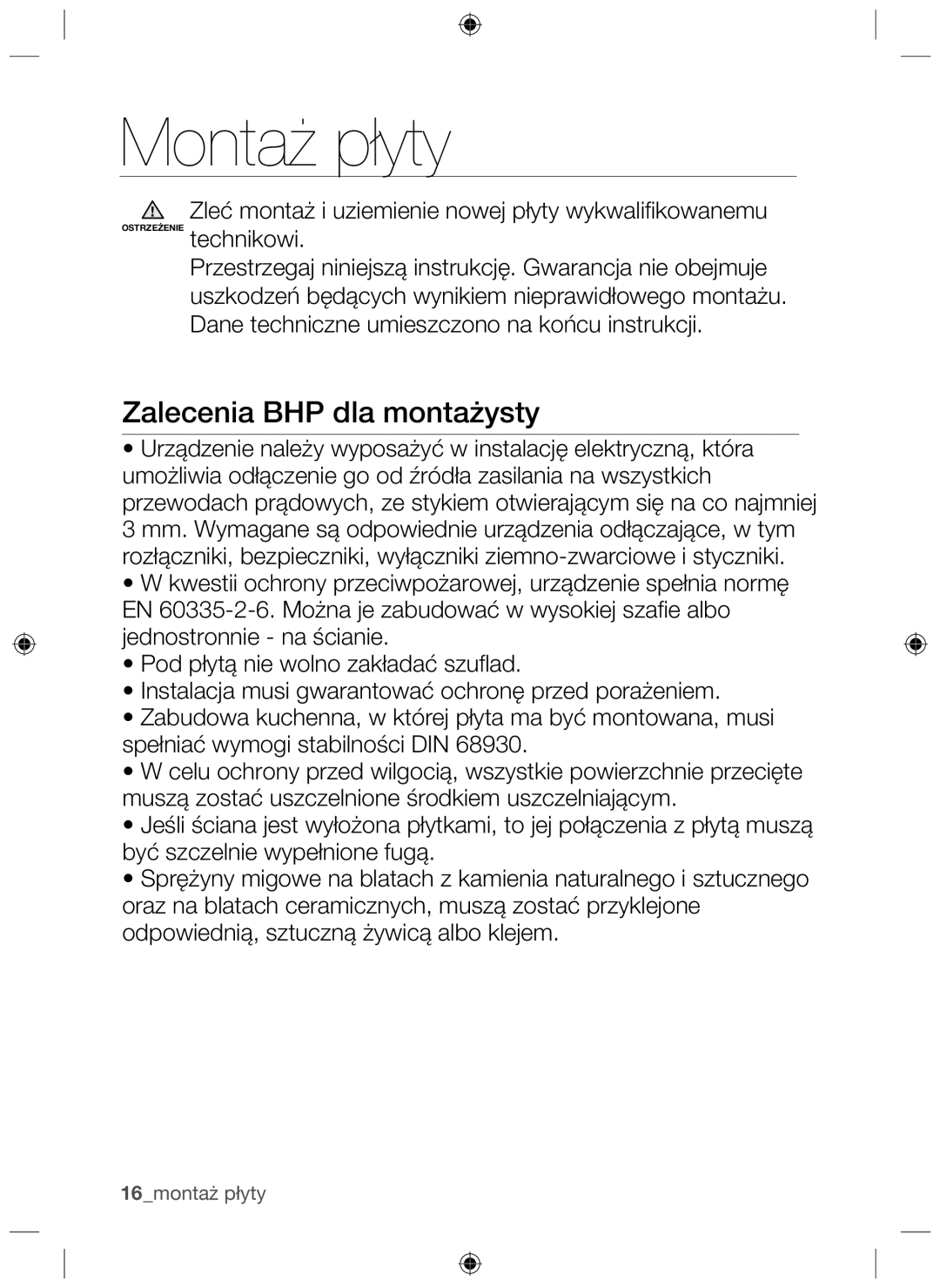 Samsung NZ64H37070K/EO, NZ64H37075K/EO manual Montaż płyty, Zalecenia BHP dla montażysty 