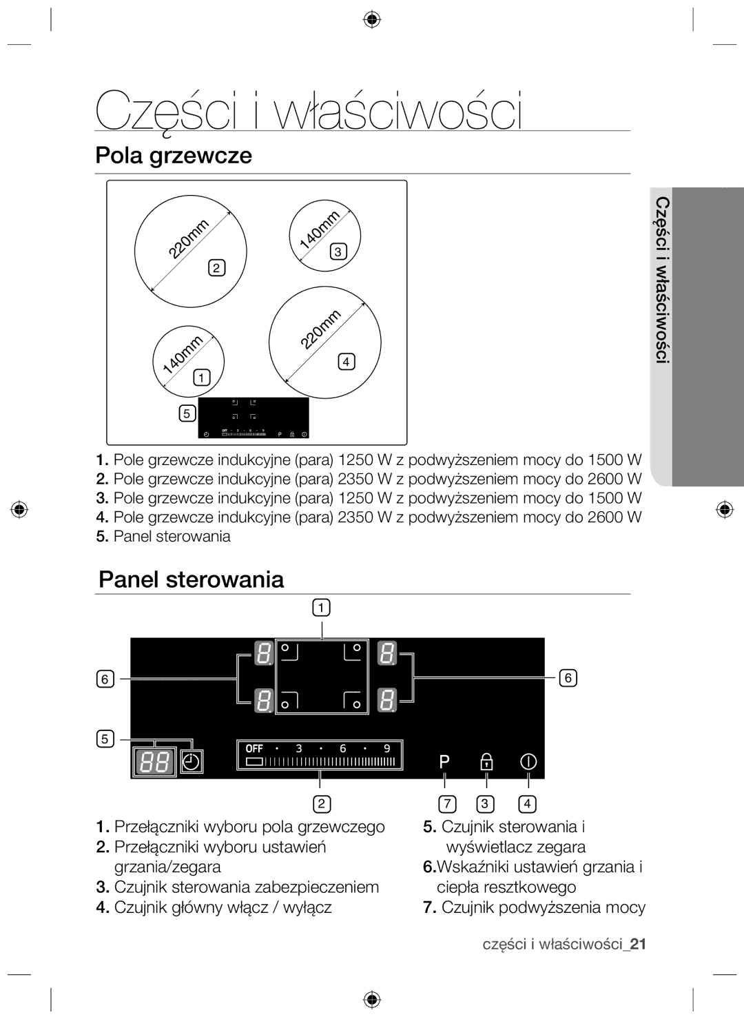 Samsung NZ64H37075K/EO, NZ64H37070K/EO manual Przełączniki wyboru pola grzewczego 