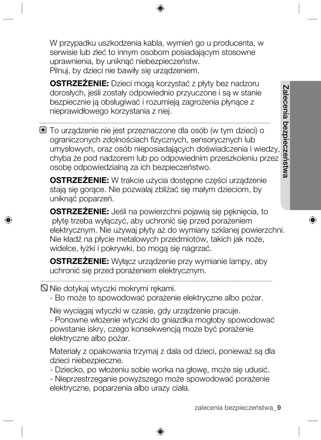 Samsung NZ64H37075K/EO, NZ64H37070K/EO manual Zalecenia bezpieczeństwa9 