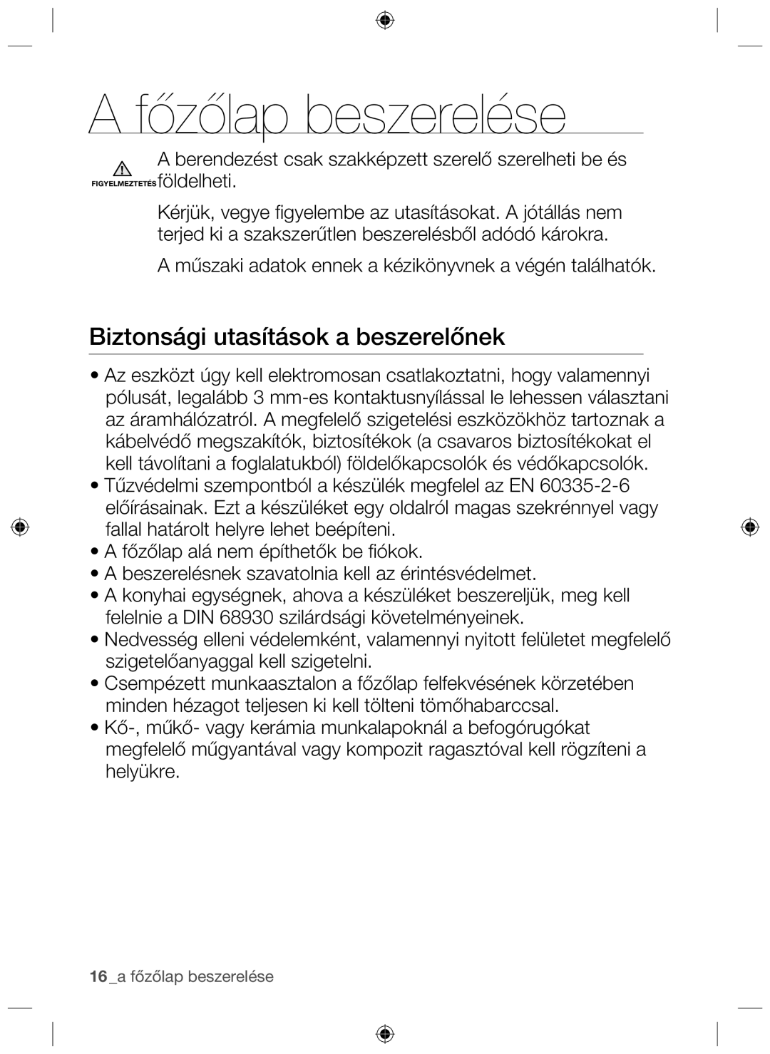 Samsung NZ64H37070K/EO manual Főzőlap beszerelése, Biztonsági utasítások a beszerelőnek 