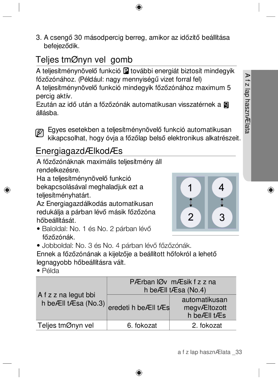 Samsung NZ64H37070K/EO manual Teljesítménynövelő gomb, Energiagazdálkodás 