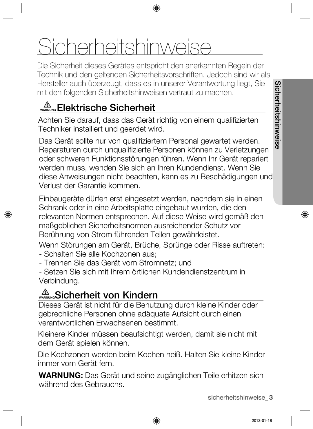 Samsung NZ64H37075K/EG manual Sicherheitshinweise, Warnung Elektrische Sicherheit, WARNUNGSicherheit von Kindern 