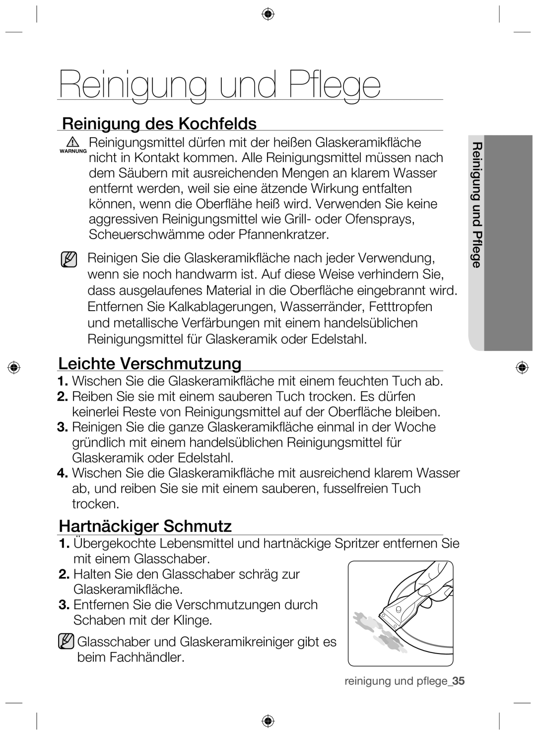 Samsung NZ64H37075K/EG manual Reinigung und Pﬂege, Reinigung des Kochfelds, Leichte Verschmutzung, Hartnäckiger Schmutz 