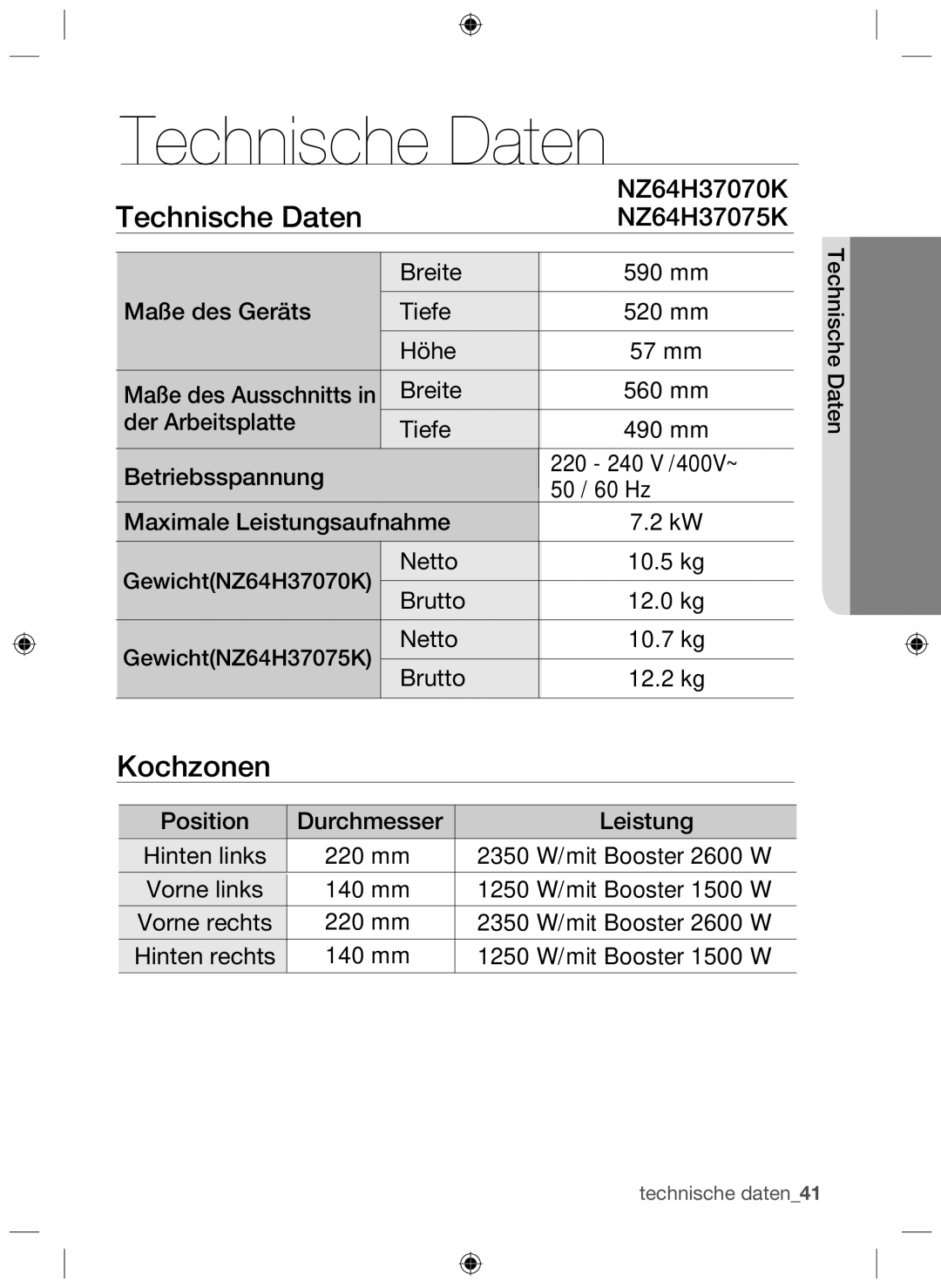 Samsung NZ64H37075K/EG manual Technische Daten 