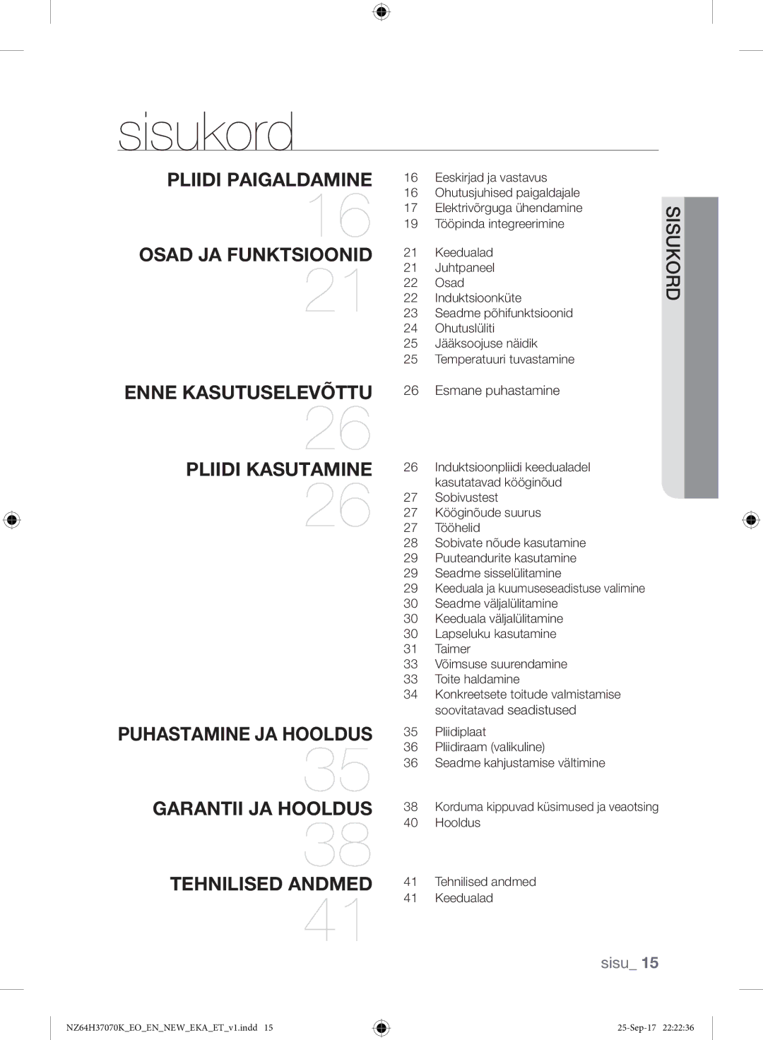 Samsung NZ64H37075K/EO manual Sisukord, Pliidi Paigaldamine 