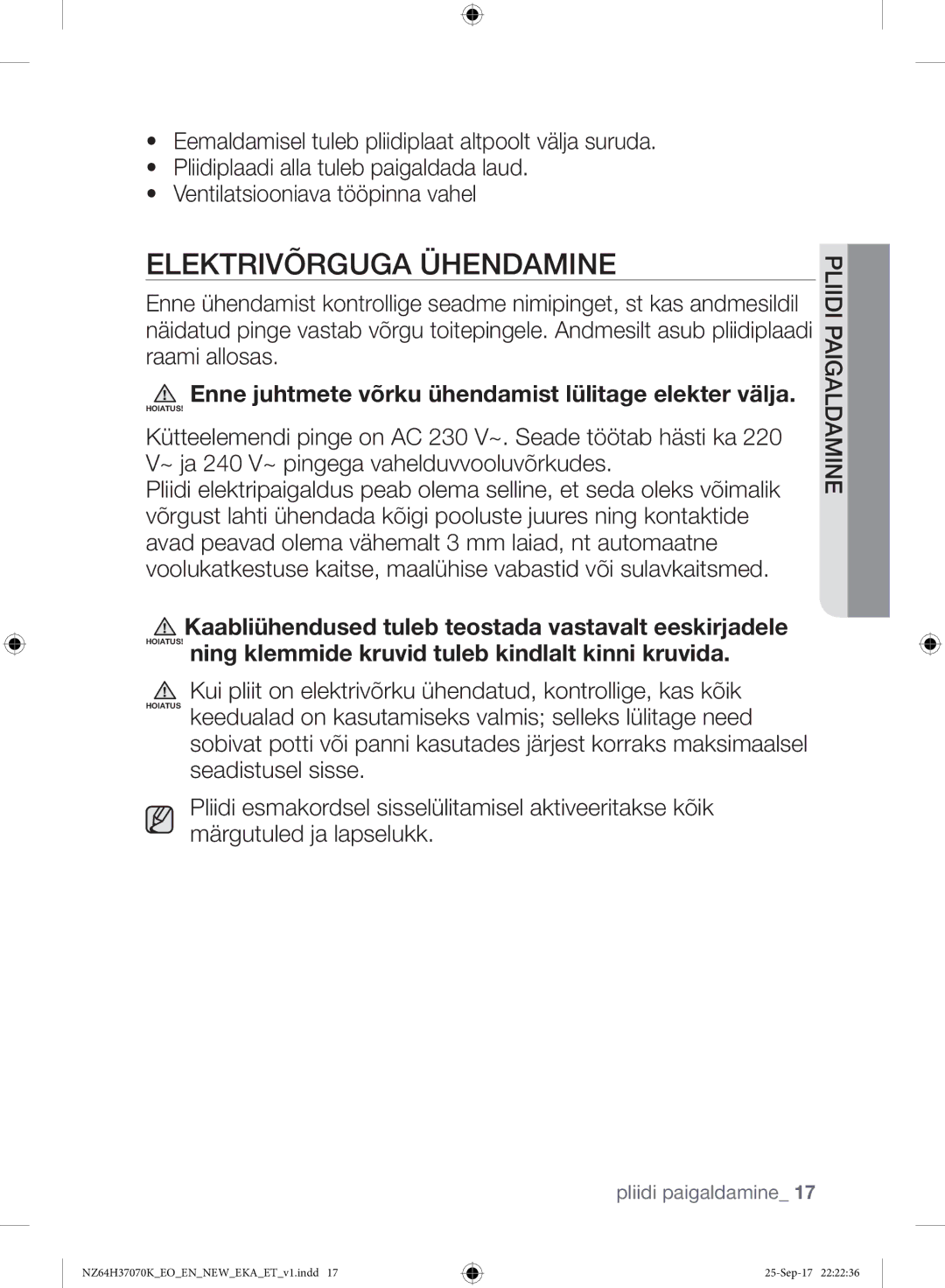 Samsung NZ64H37075K/EO manual Elektrivõrguga Ühendamine, Enne juhtmete võrku ühendamist lülitage elekter välja 