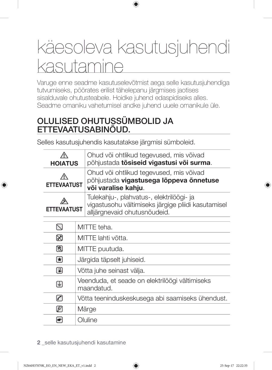 Samsung NZ64H37075K/EO manual Käesoleva kasutusjuhendi kasutamine, Olulised Ohutussümbolid JA Ettevaatusabinõud 