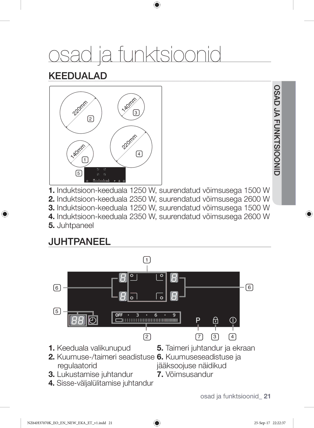 Samsung NZ64H37075K/EO manual Osad ja funktsioonid, Keedualad 