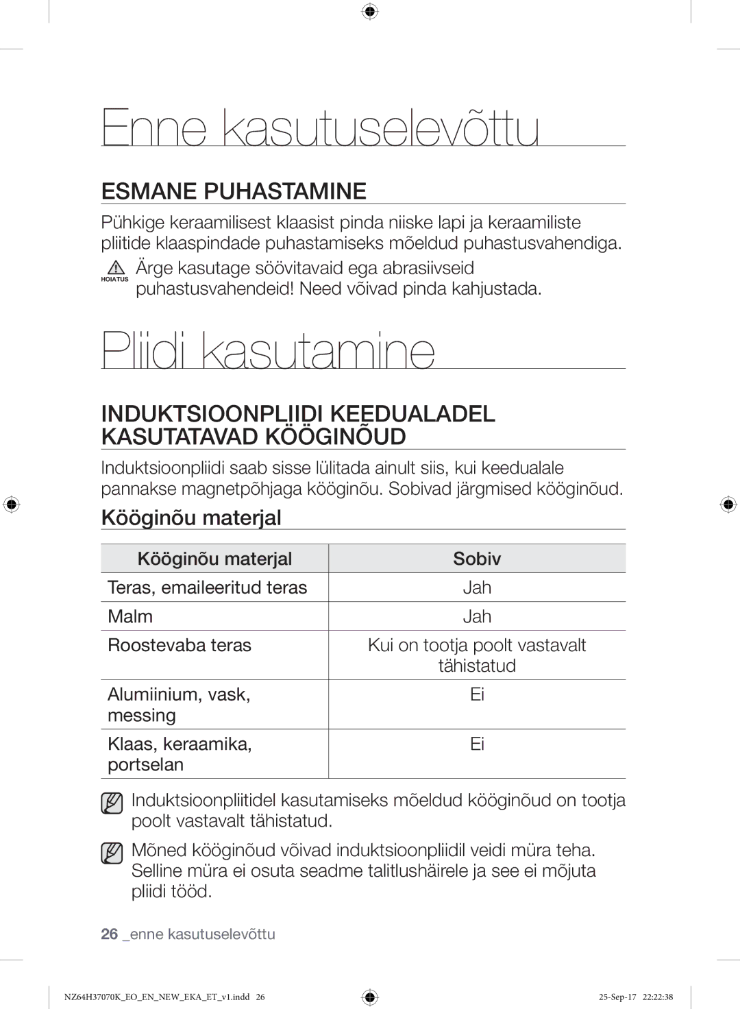 Samsung NZ64H37075K/EO manual Enne kasutuselevõttu, Pliidi kasutamine, Esmane Puhastamine, Kööginõu materjal 