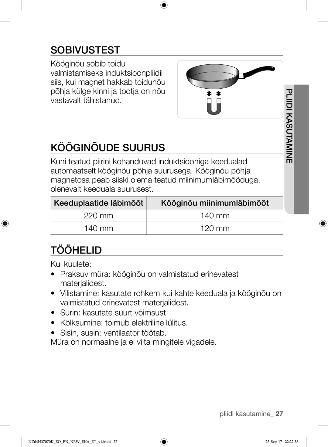 Samsung NZ64H37075K/EO manual Sobivustest, Kööginõude Suurus, Tööhelid 